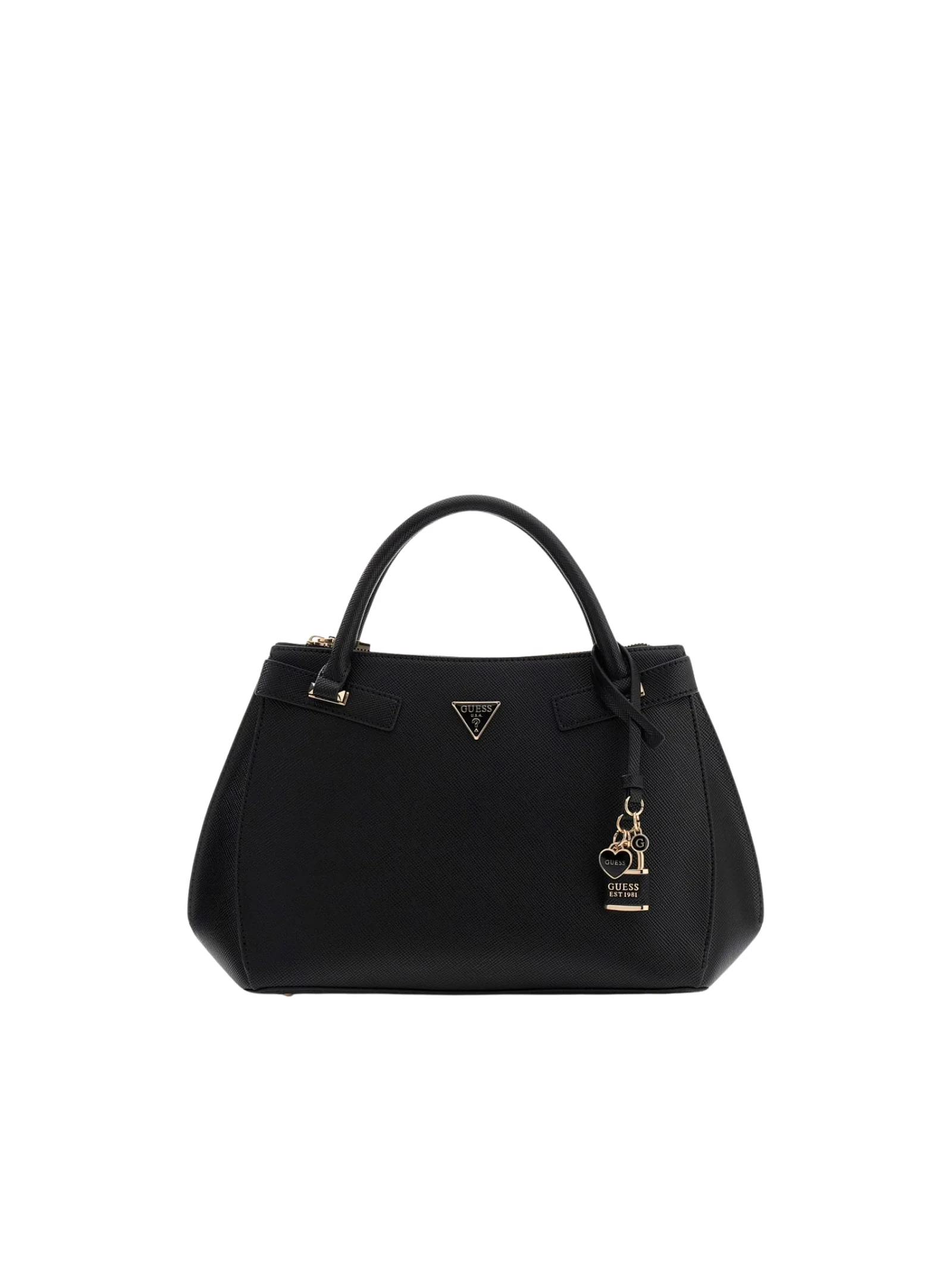 Borsa a mano Guess nera con logo triangolare e charm