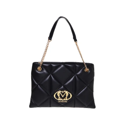 Borsa Love Moschino nera trapuntata con logo in metallo dorato