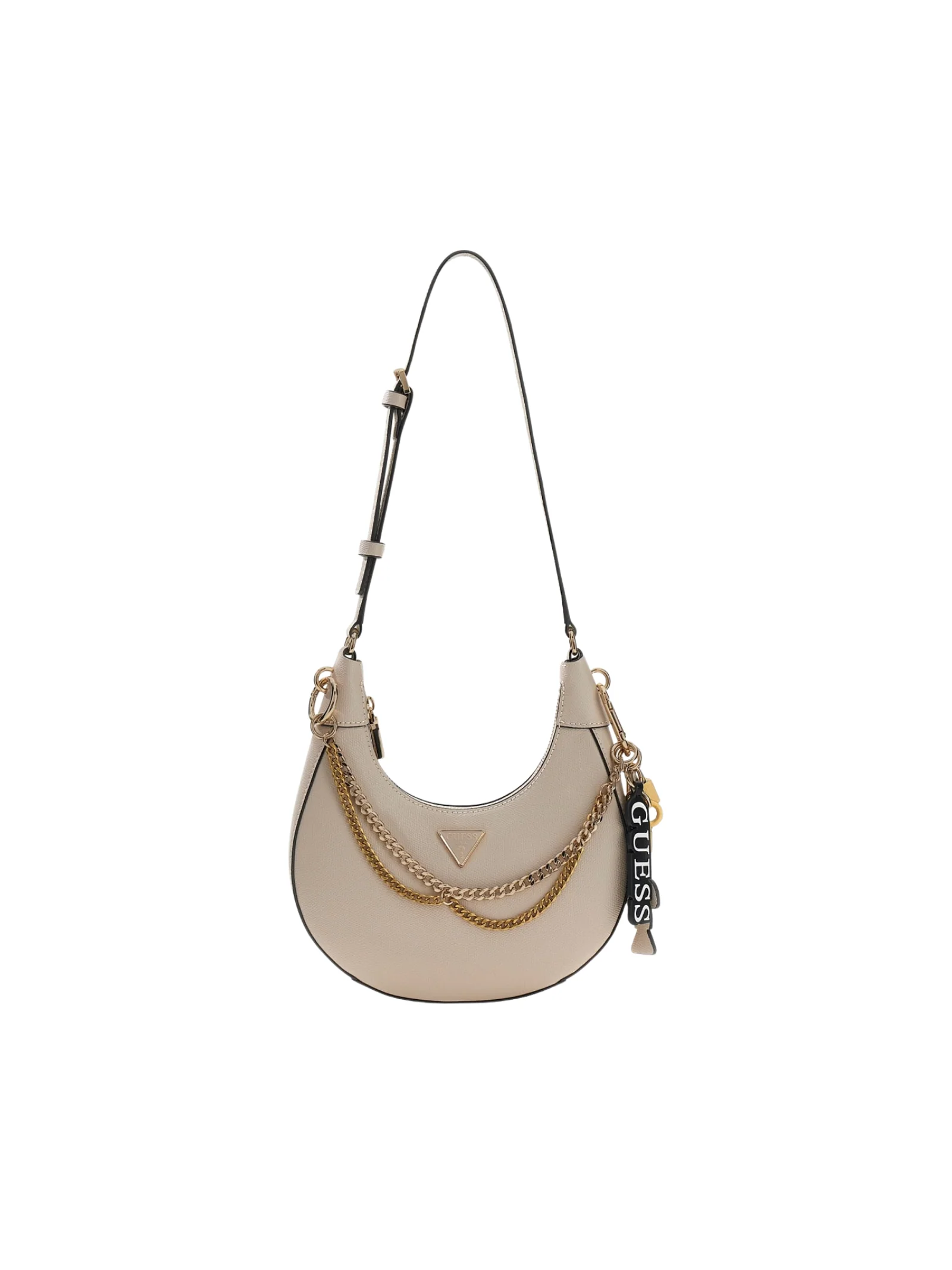 Borsa mezza luna Guess beige con catena dorata e argentata