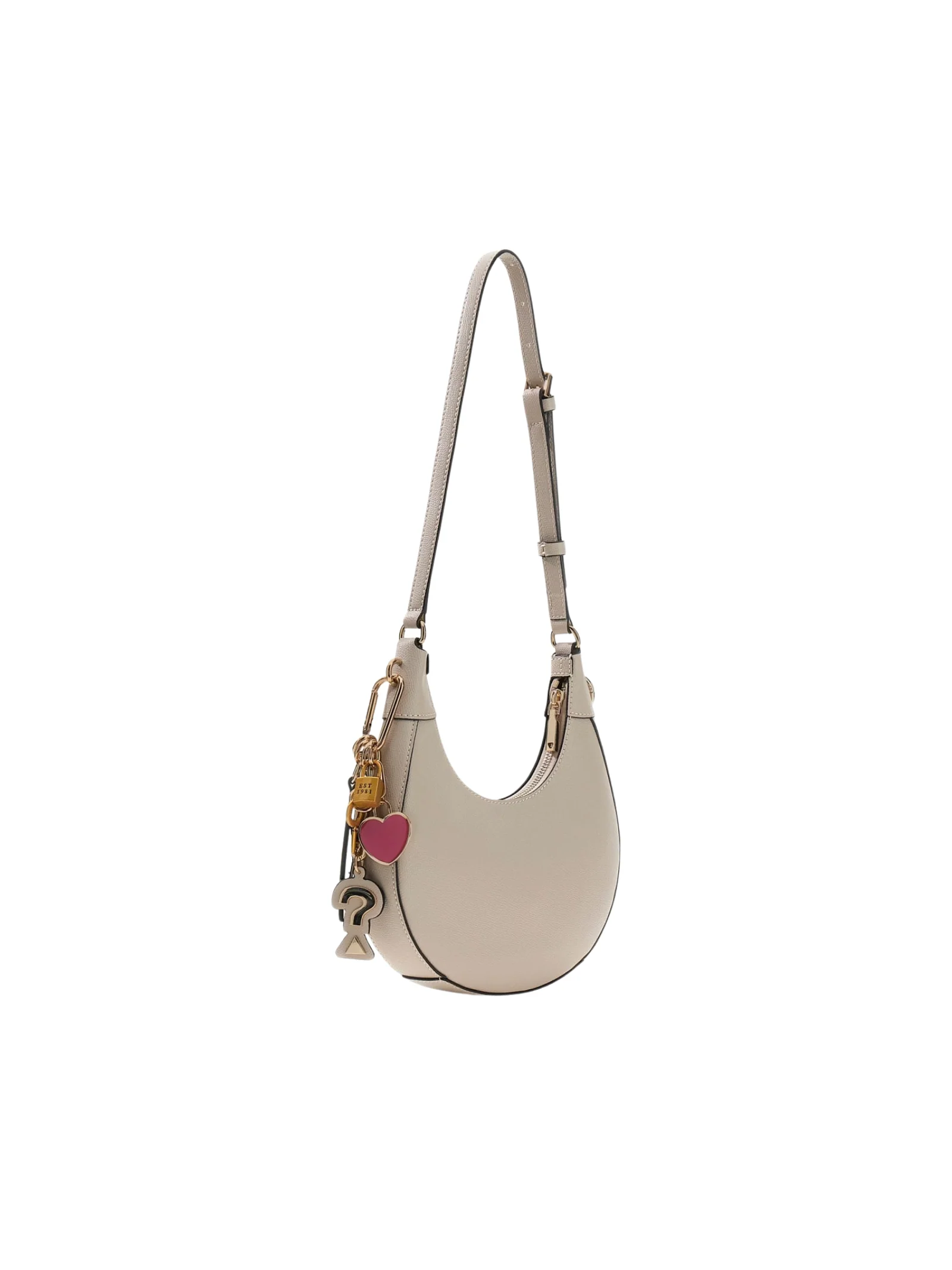 Borsa mezza luna Guess beige con catena dorata e argentata - Image 2