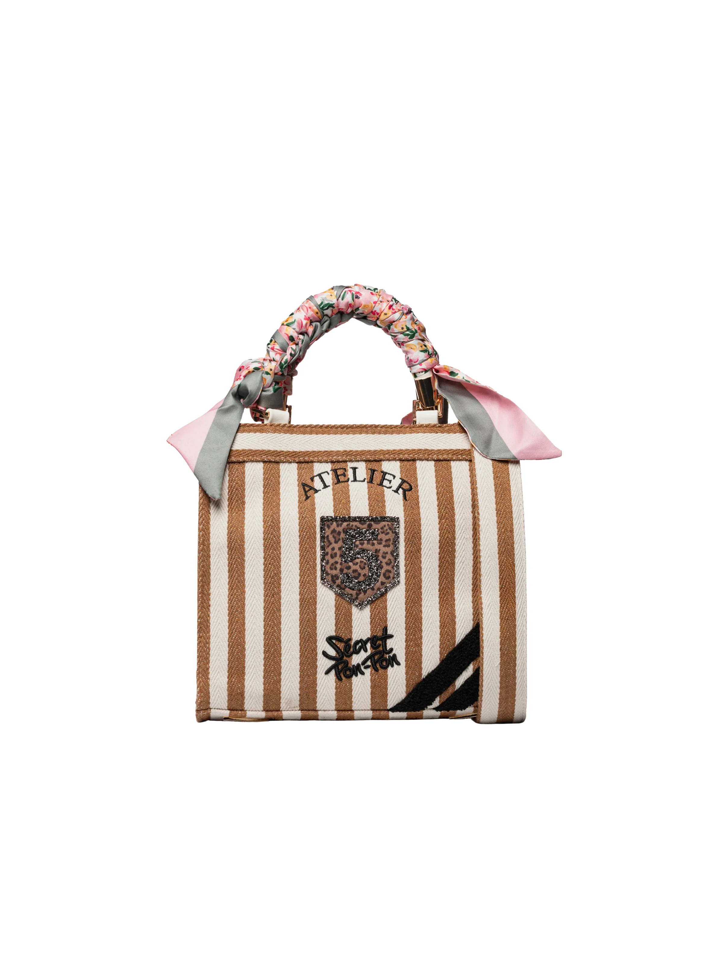 Borsa "Saint Tropez S" Secret Pon Pon beige e cuoio a righe