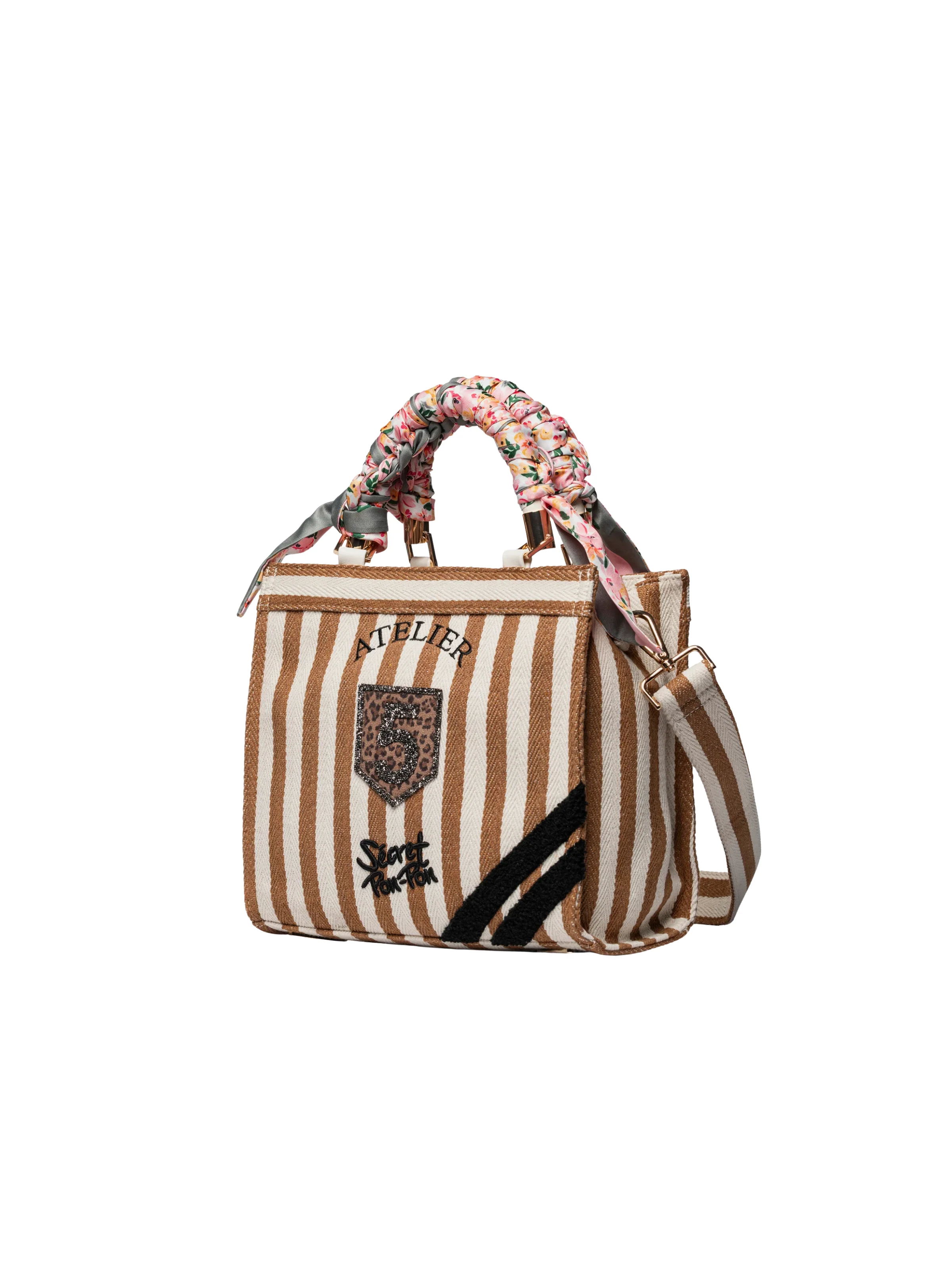 Borsa "Saint Tropez S" Secret Pon Pon beige e cuoio a righe - Image 2