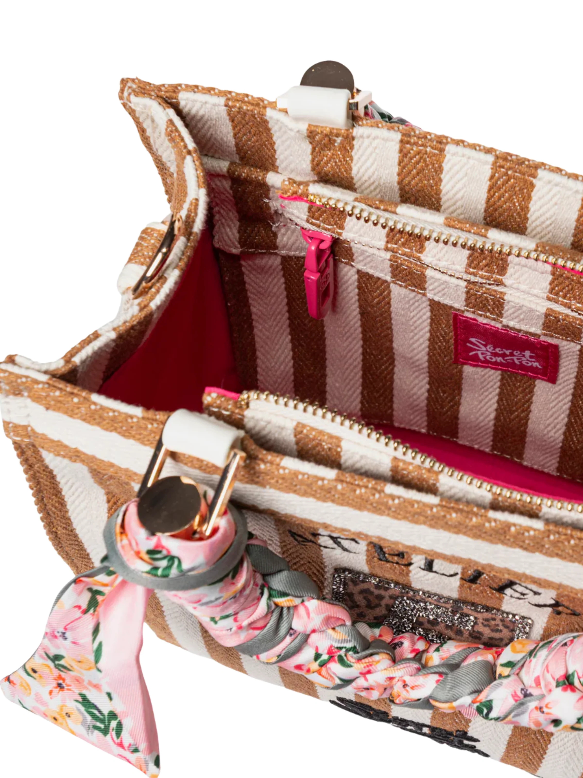 Borsa "Saint Tropez S" Secret Pon Pon beige e cuoio a righe - Image 4