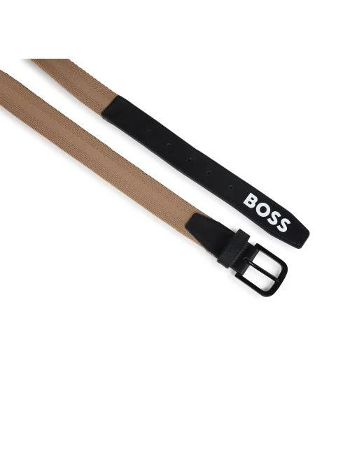 Cintura Boss in pelle nera e tessuto intrecciato beige - Image 2