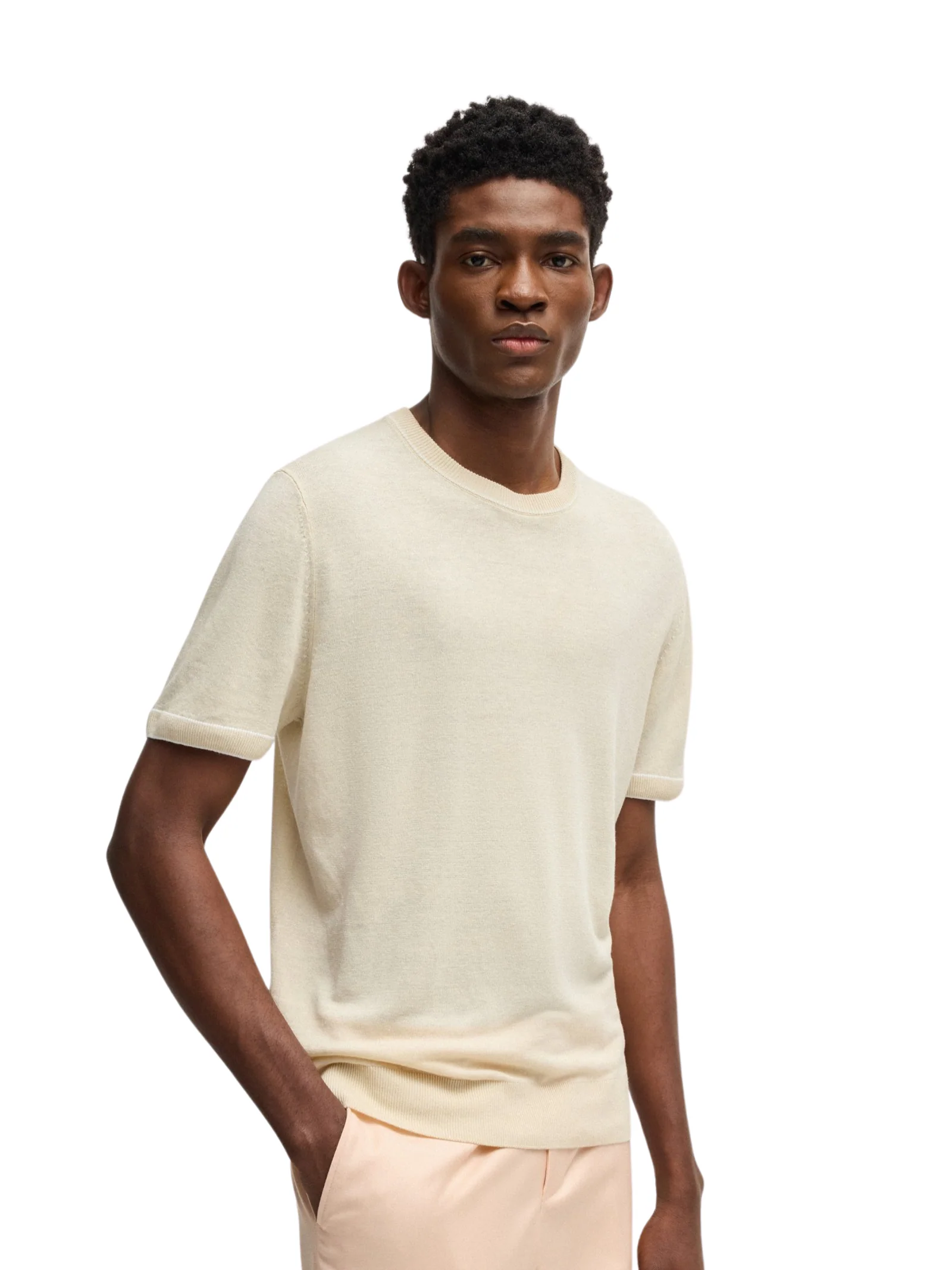 Maglia Boss naturale in misto lino con profili - Image 2