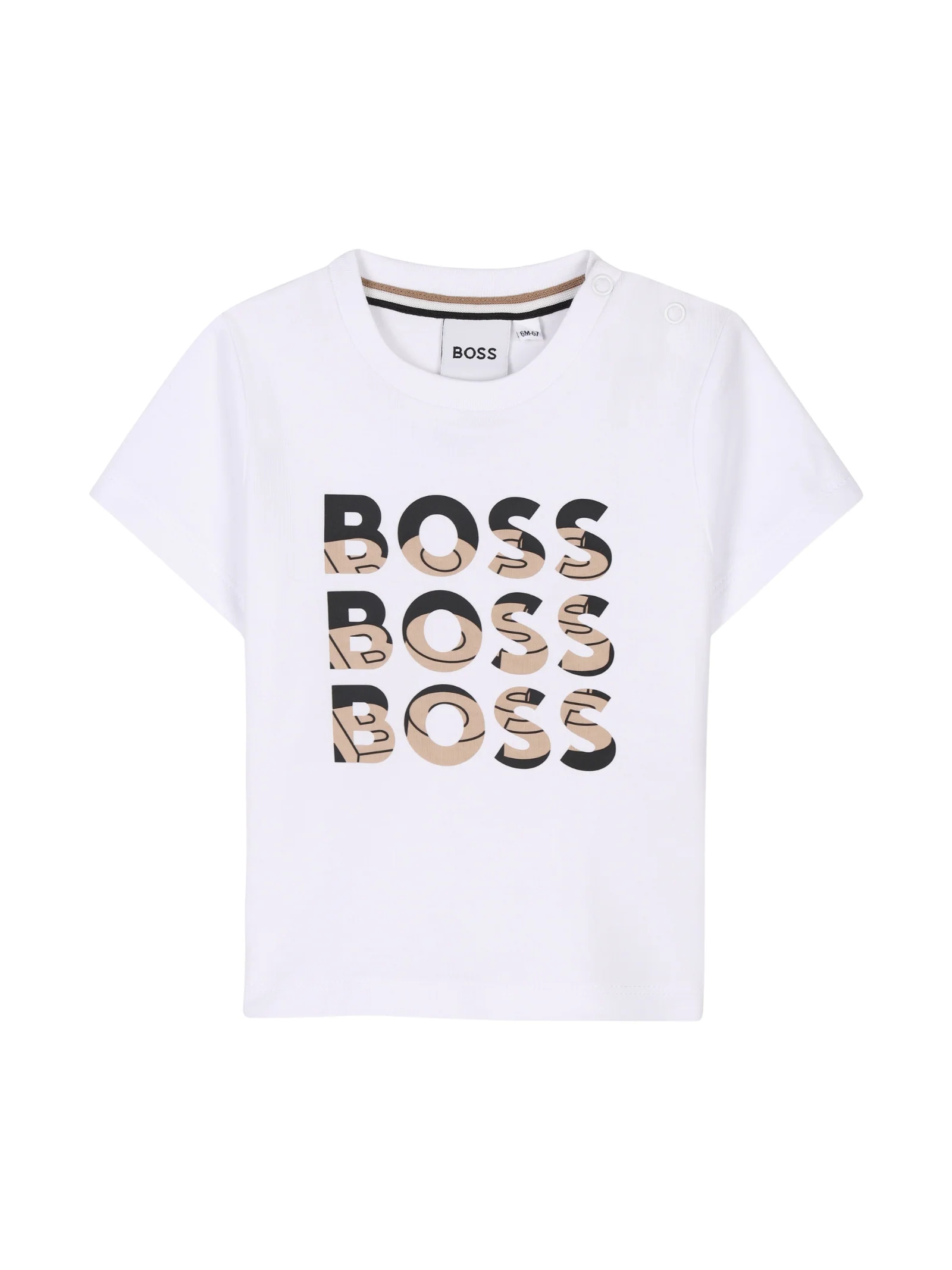 T-Shirt Boss bianca con tre stampe di testo BOSS con dettagli grafici