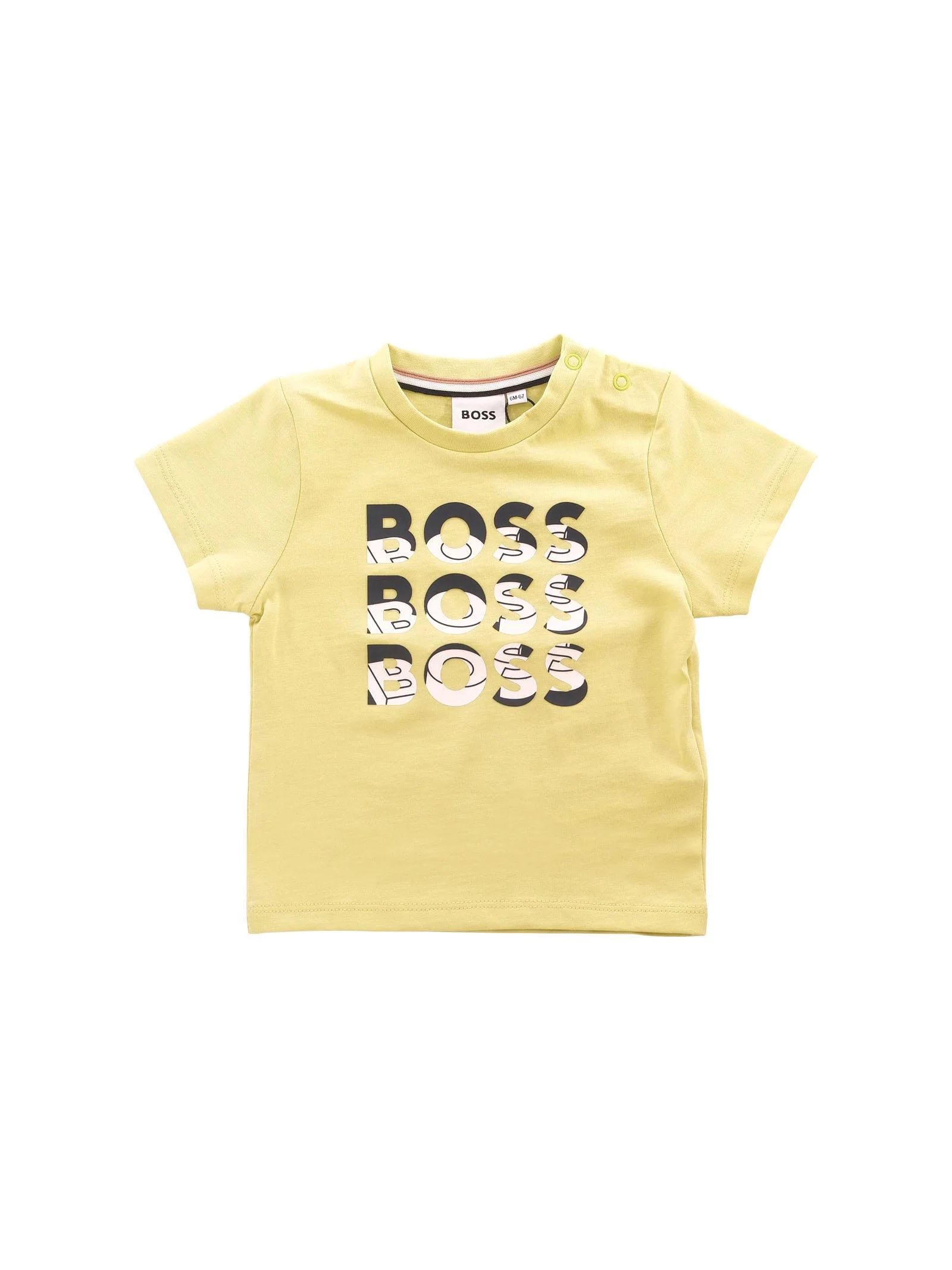 T-Shirt Boss verde con tre stampe di testo BOSS con dettagli grafici