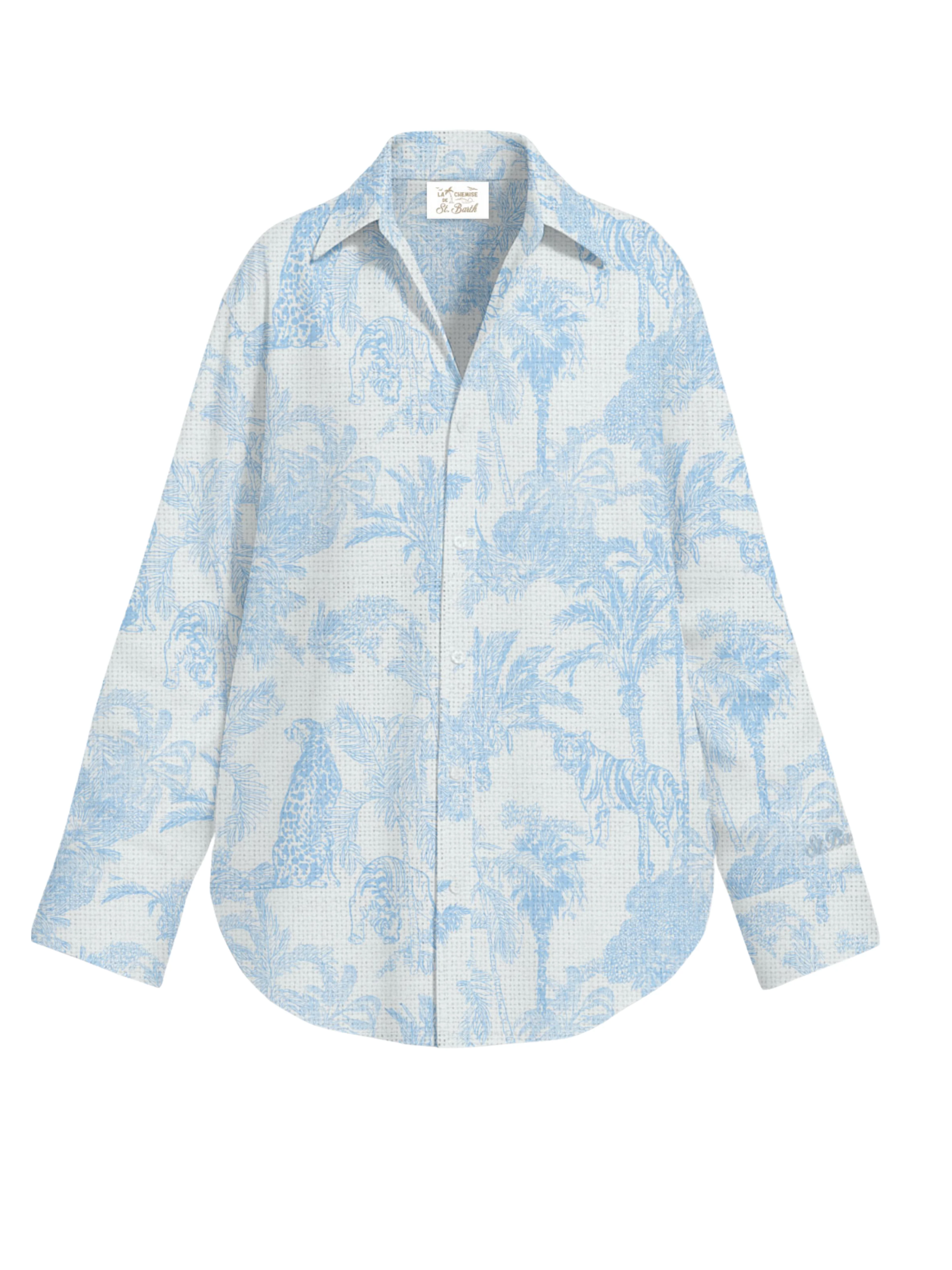 Camicia "Cristal" Saint Barth bianca e azzurra con fantasia tropicale