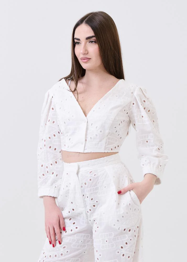 Camicia crop Bohemian Vì bianca in pizzo sangallo - Image 2