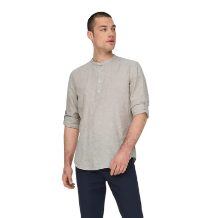 Camicia in lino Only & Sons beige con colletto alla coreana - Image 3