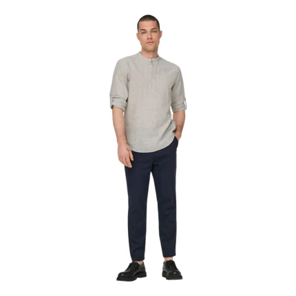 Camicia in lino Only & Sons beige con colletto alla coreana - Image 4