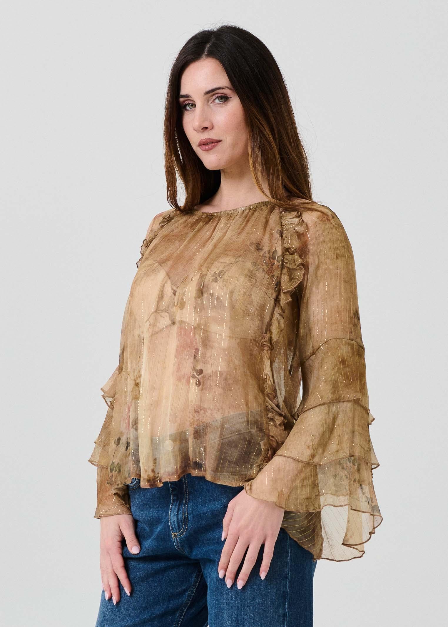 Camicia in seta Souvenir beige con rouches - Image 2