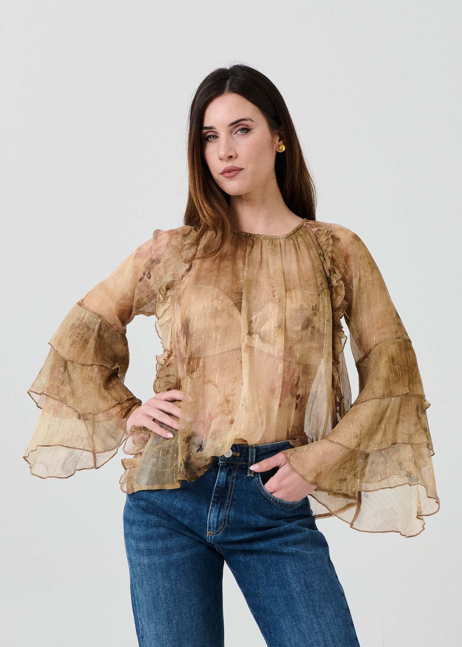 Camicia in seta Souvenir beige con rouches - Image 3