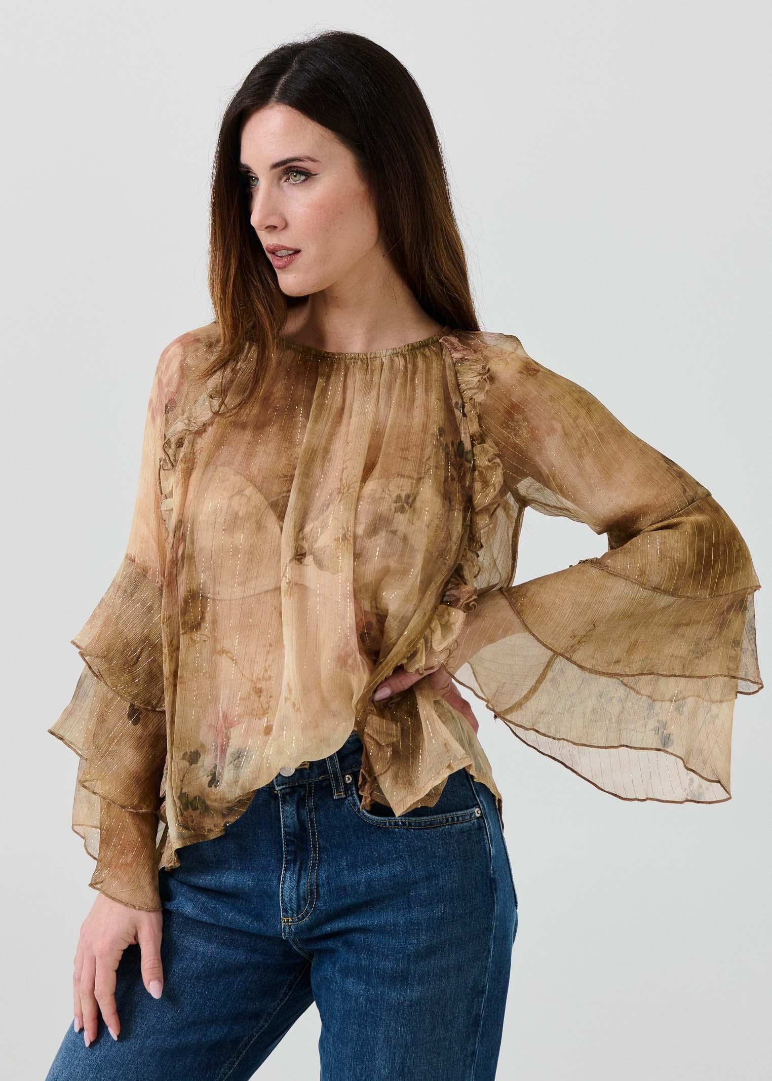 Camicia in seta Souvenir beige con rouches - Image 4