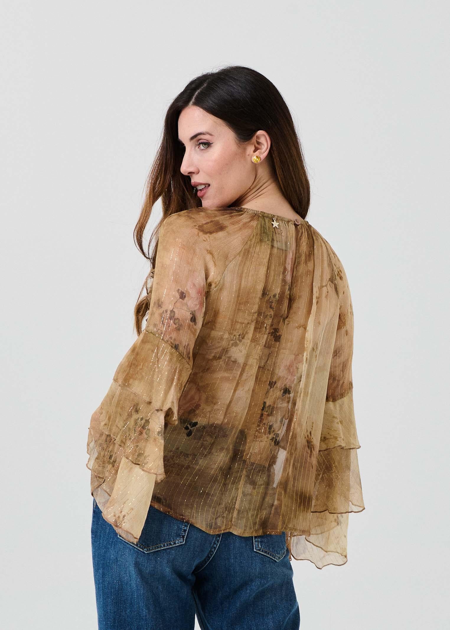 Camicia in seta Souvenir beige con rouches - Image 5