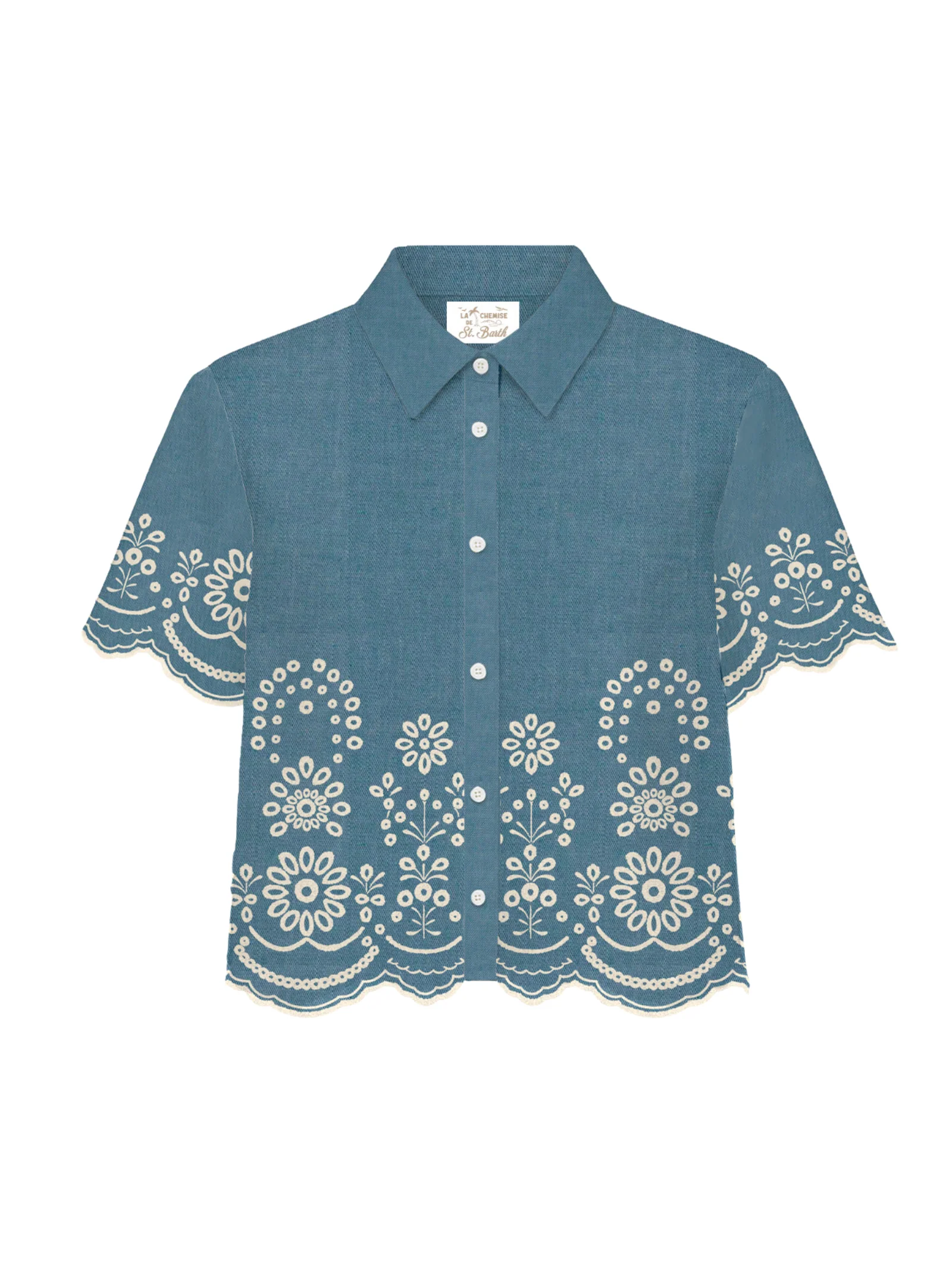 Camicia ricamata in chambray Saint Barth blu con ricami floreali