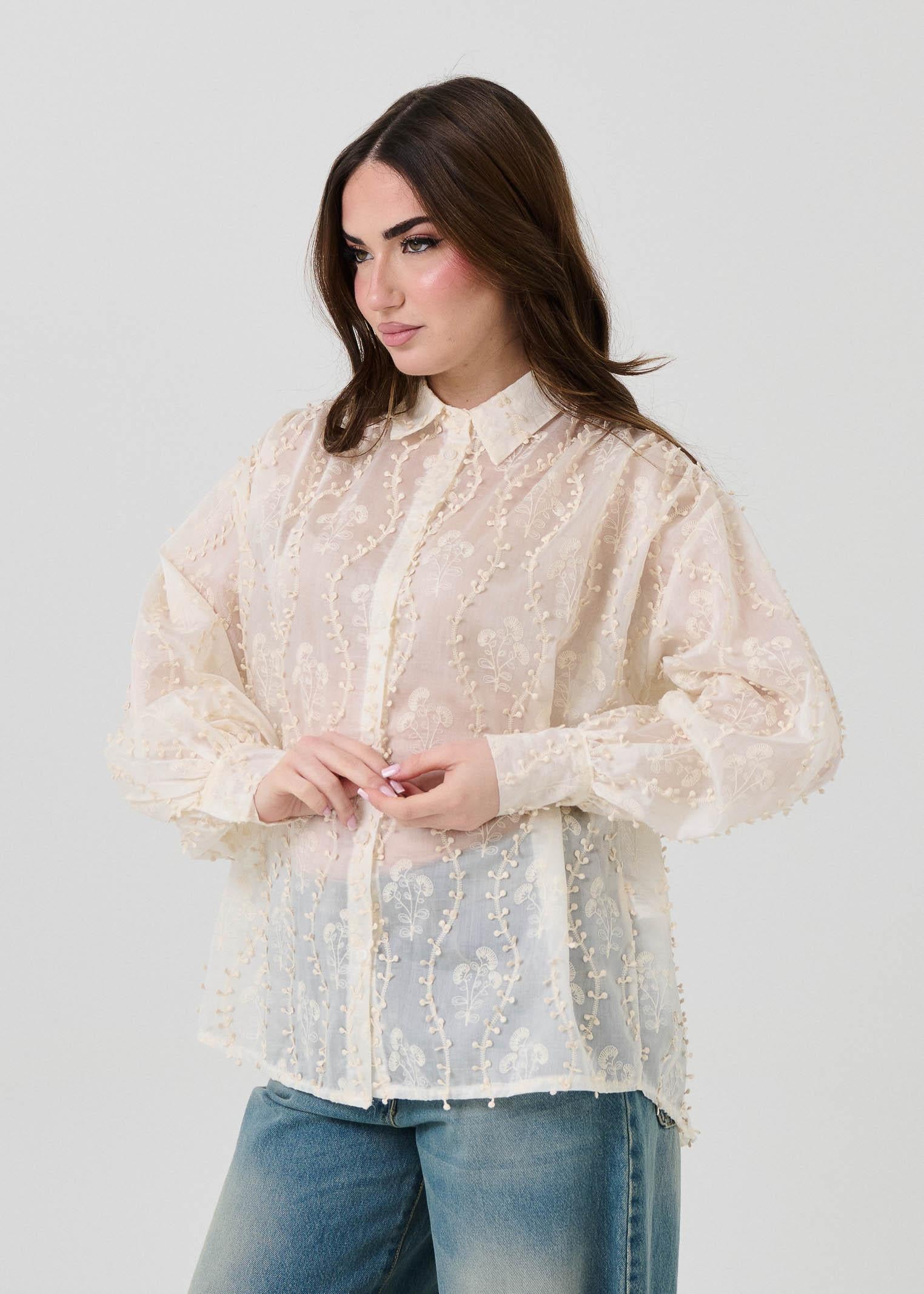 Camicia trasparente Haveone panna con ricami floreali - Image 2