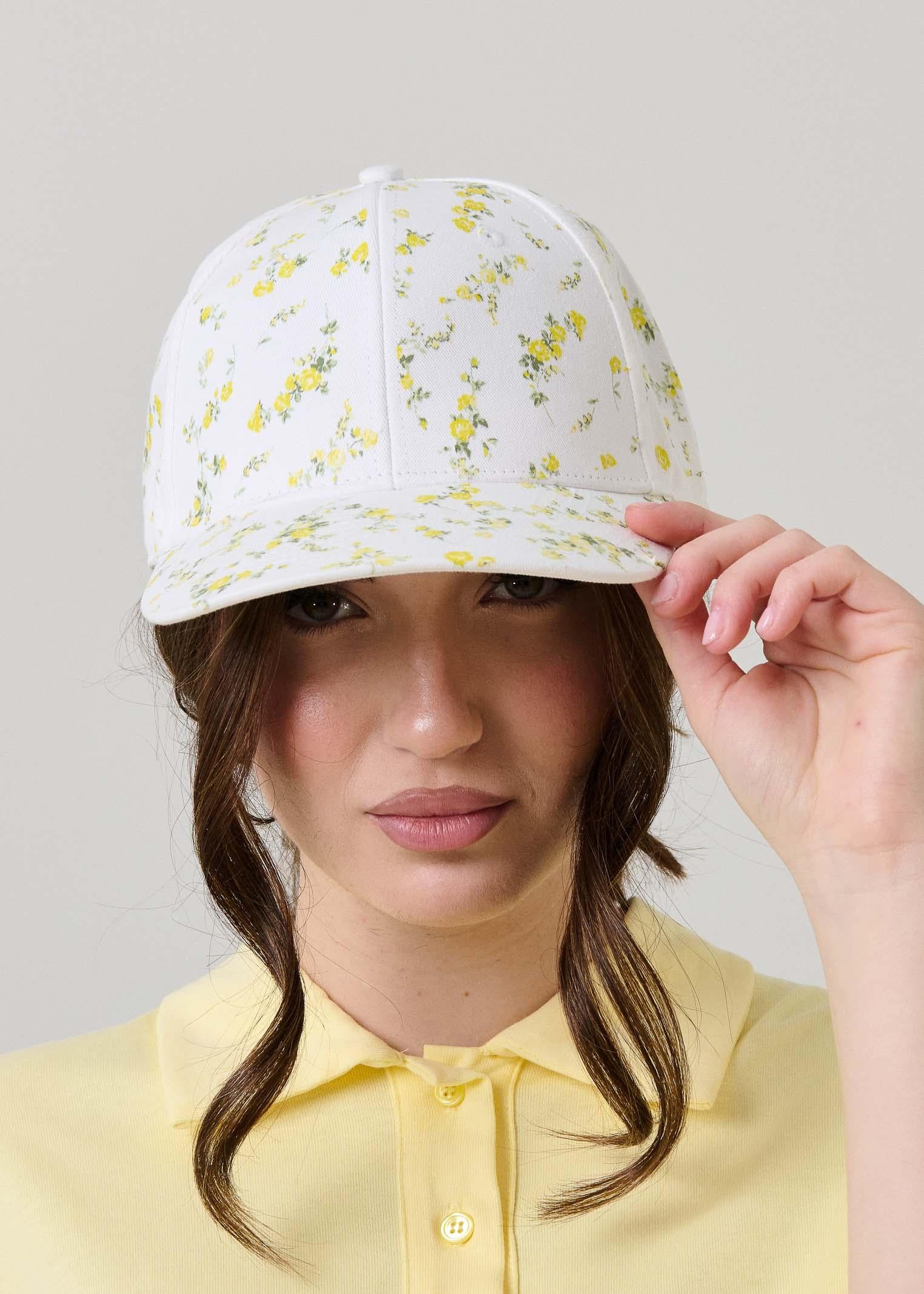 Cappello con visiera Vicolo bianco con fiorellini all over gialli