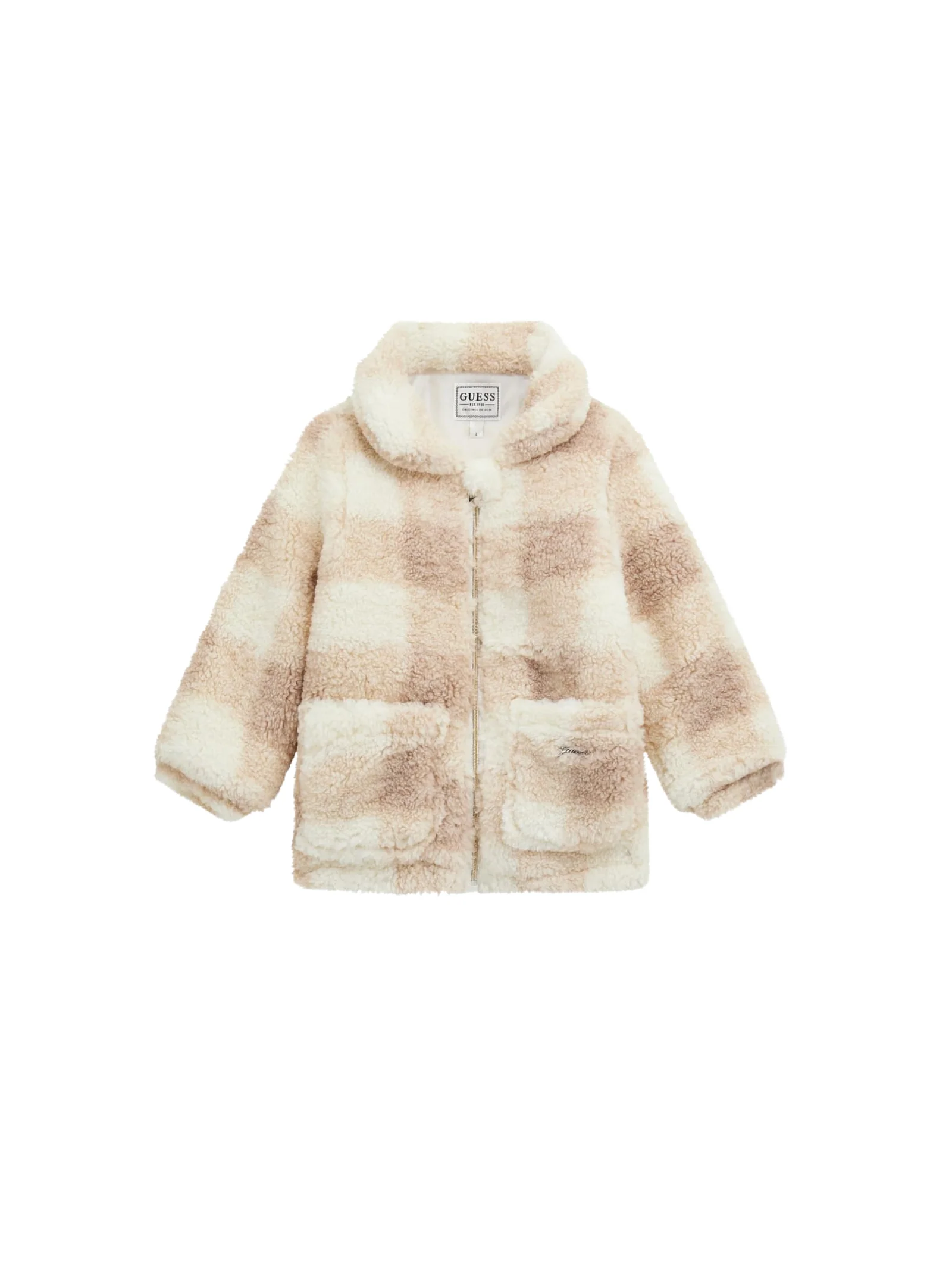 Cappotto in pelliccia Guess bianco e beige effetto teddy a quadri