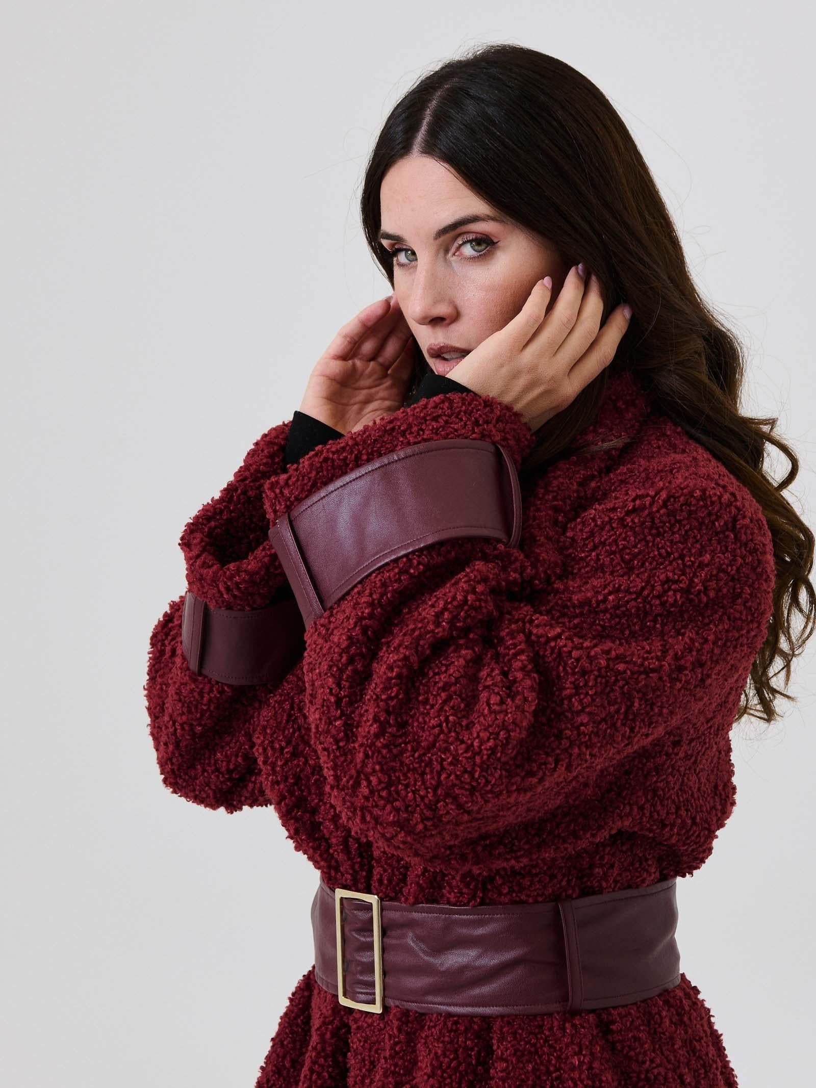 Cappotto teddy Silence Limited bordeaux con dettagli in pelle - Image 5