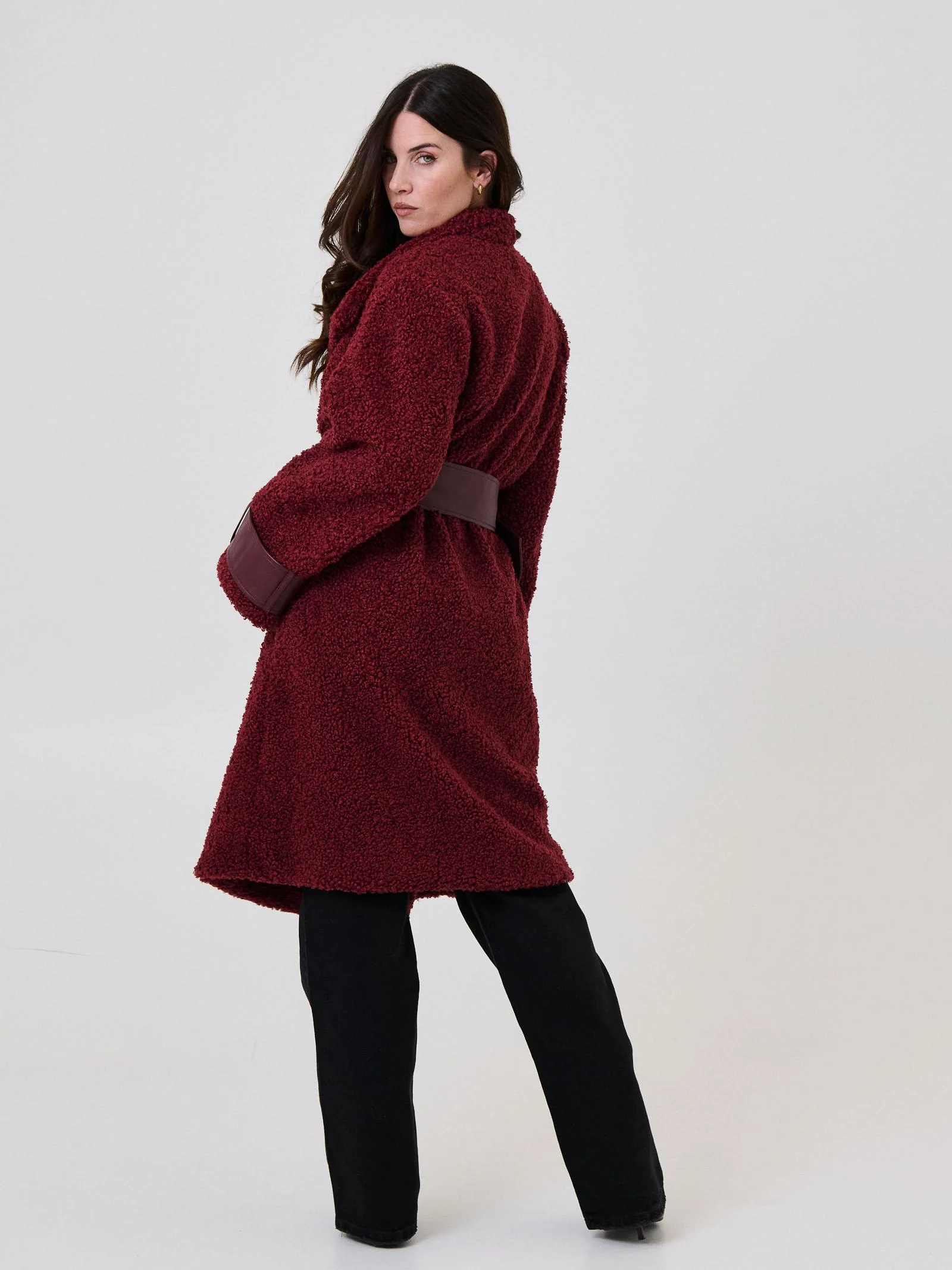 Cappotto teddy Silence Limited bordeaux con dettagli in pelle - Image 6
