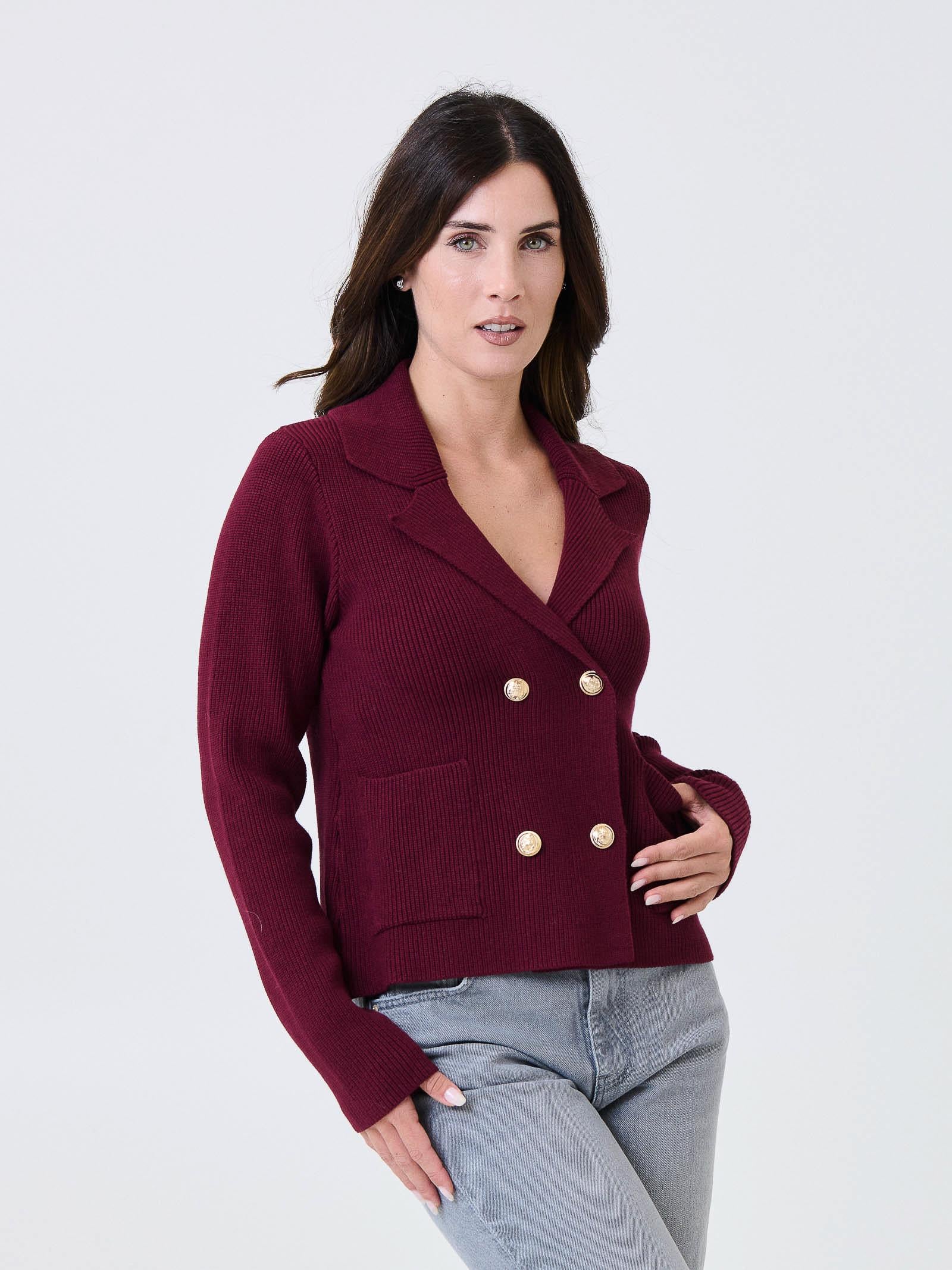Cardigan doppiopetto Kontatto bordeaux con bottoni gioiello - Image 2