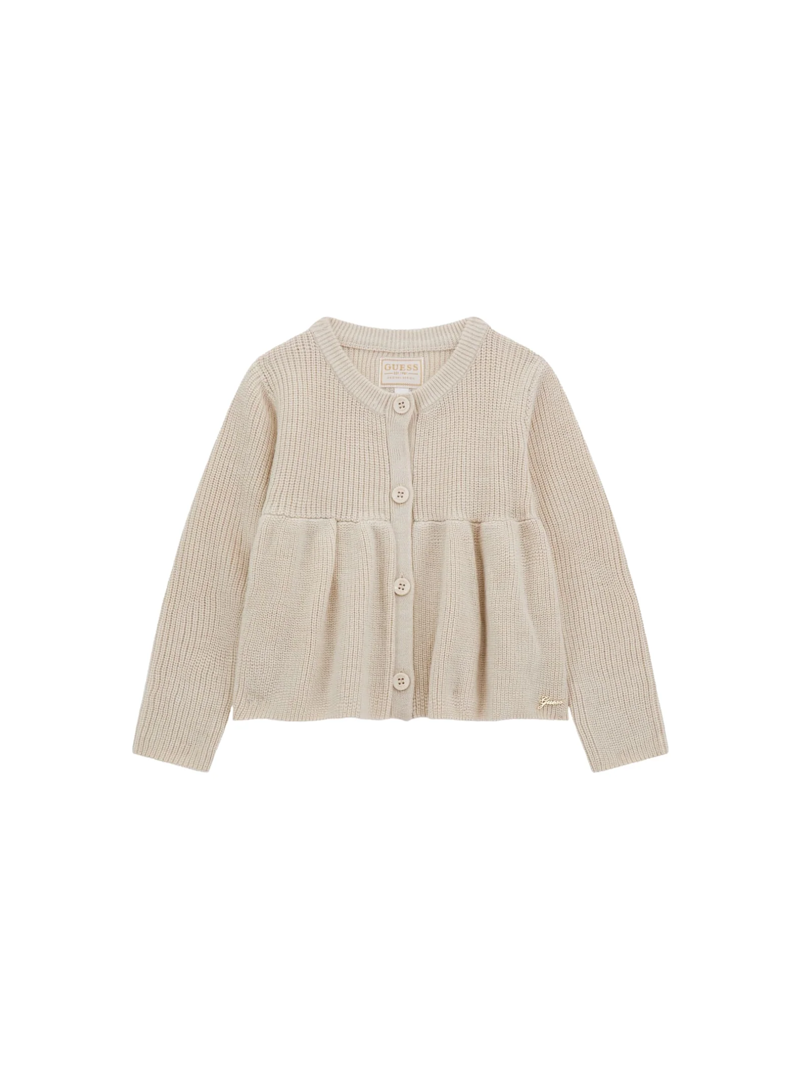 Cardigan Guess beige con lavorazione a coste e fondo plissettato
