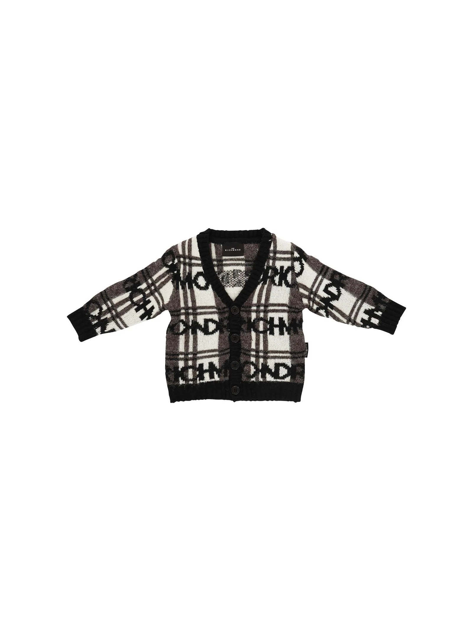 Cardigan John Richmond nero a quadri con logo lettering