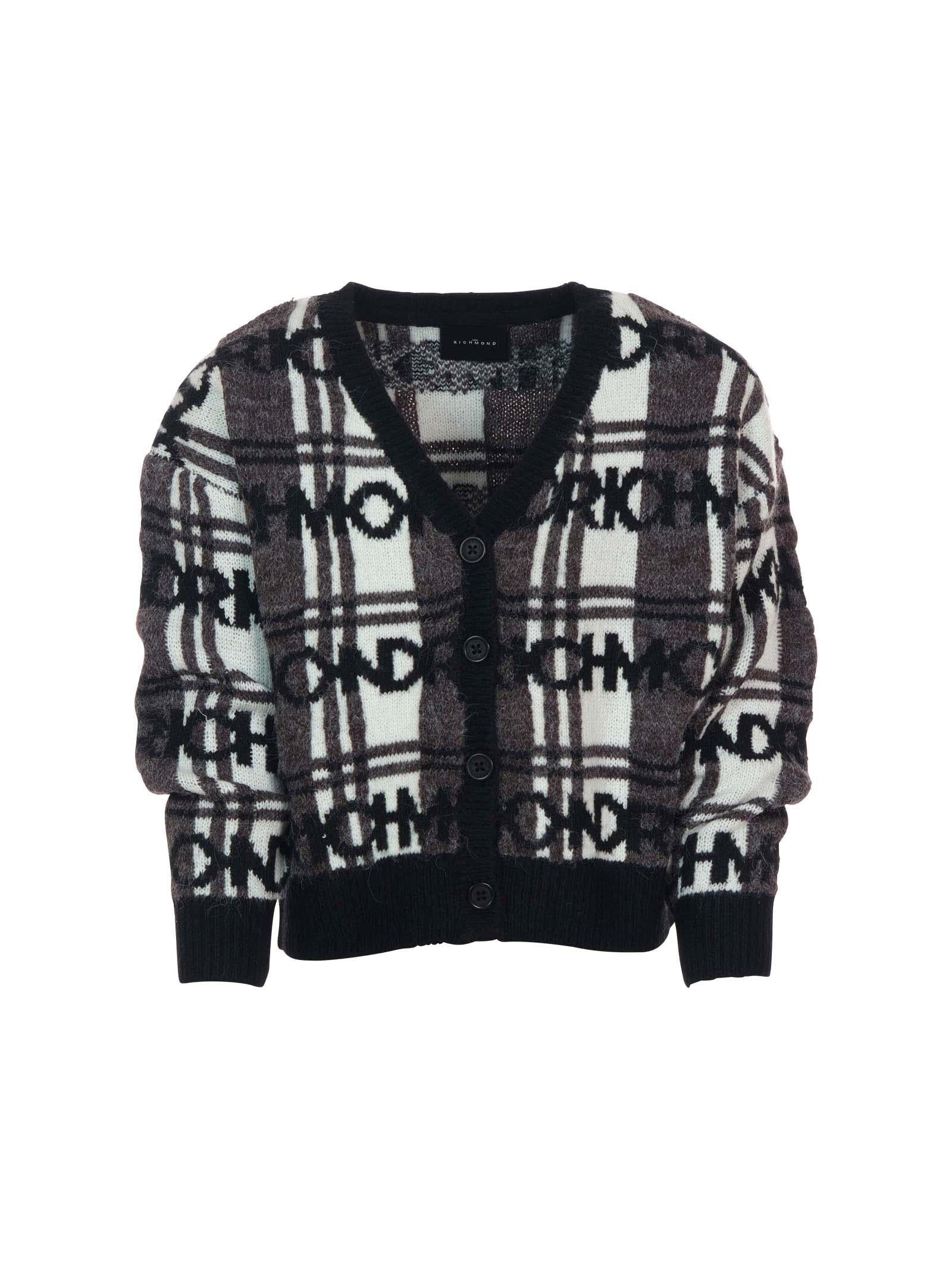 Cardigan John Richmond nero con dettagli a quadri e logo ripetuto