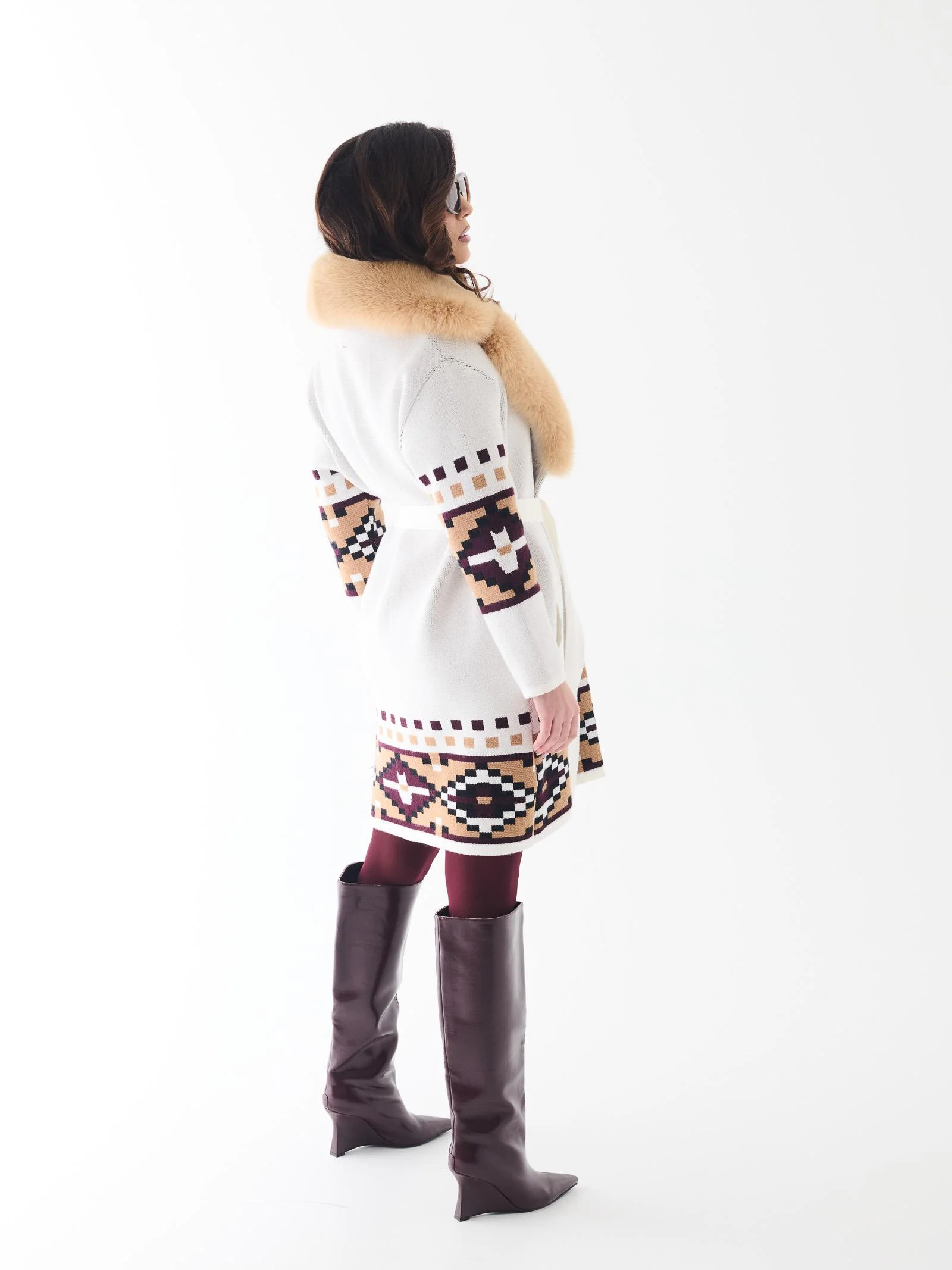 Cardigan Yes London bianco e cammello con collo in pelliccia volpe - Image 4