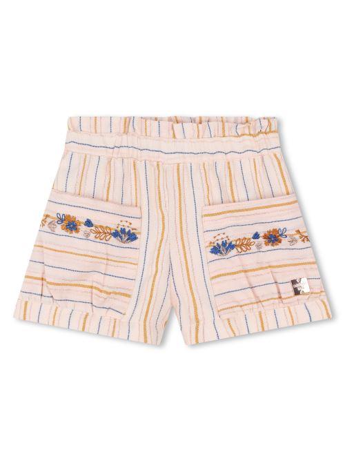 Shorts pesca con fantasia a righe e fiori ricamati