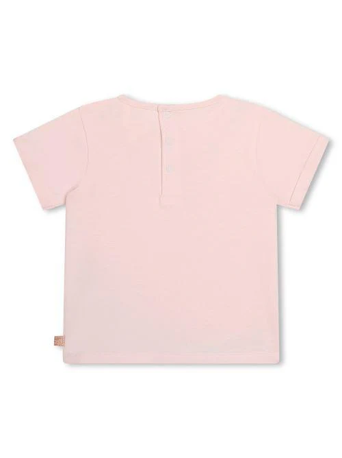 T-shirt rosa con stampa fiori blu e arancio al collo - Image 2