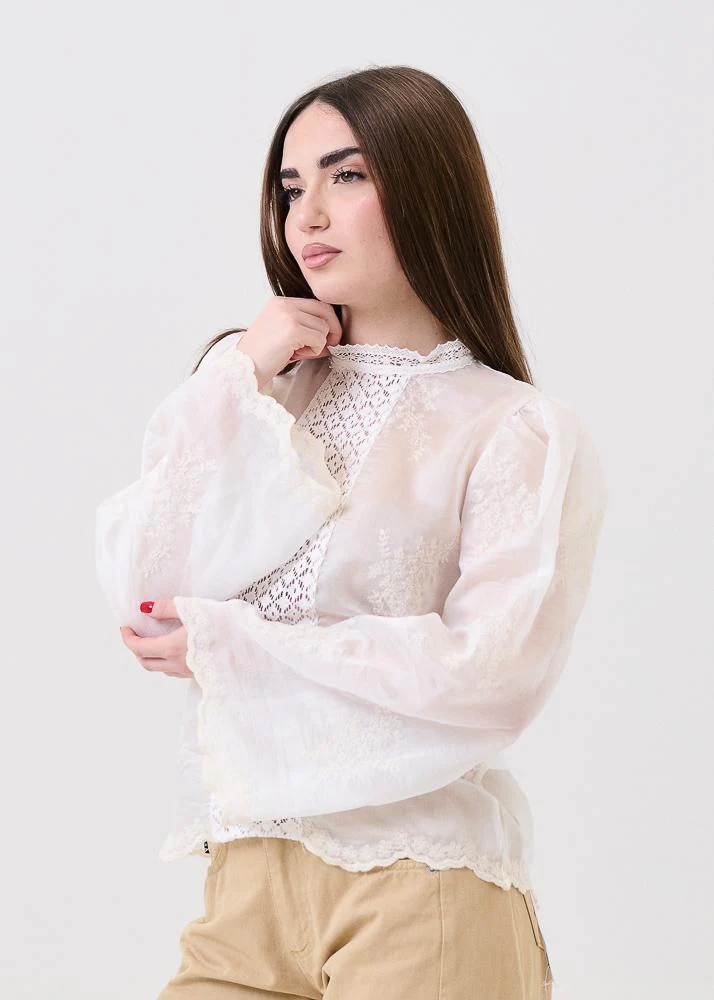Camicia in pizzo Haveone bianca con ricami tono su tono - Image 2