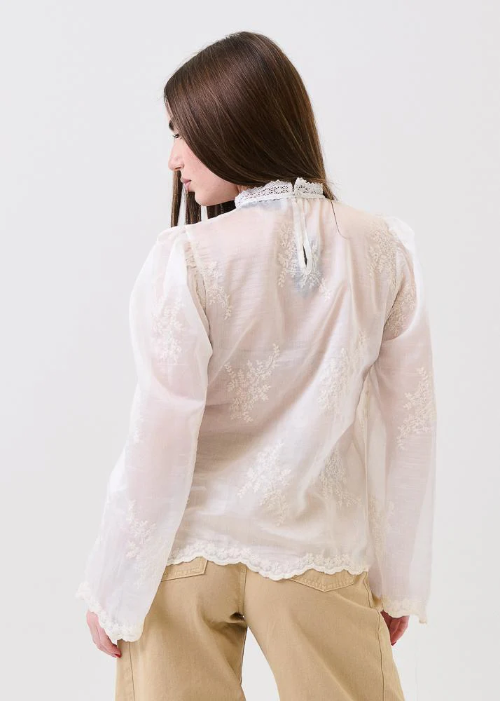 Camicia in pizzo Haveone bianca con ricami tono su tono - Image 3