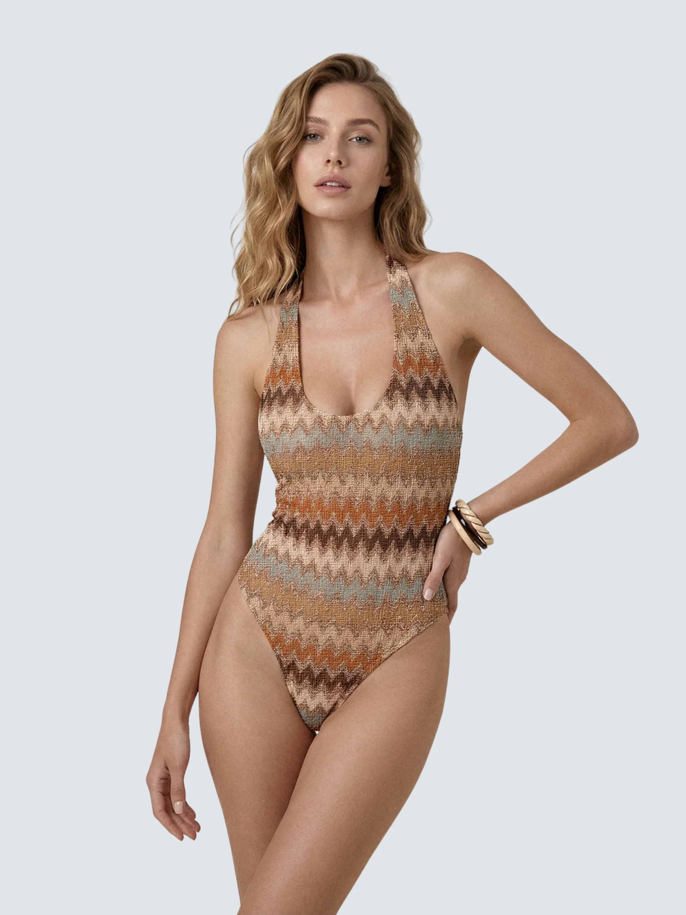 Costume intero crochet Me Fui marrone con dettaglio treccina su schiena
