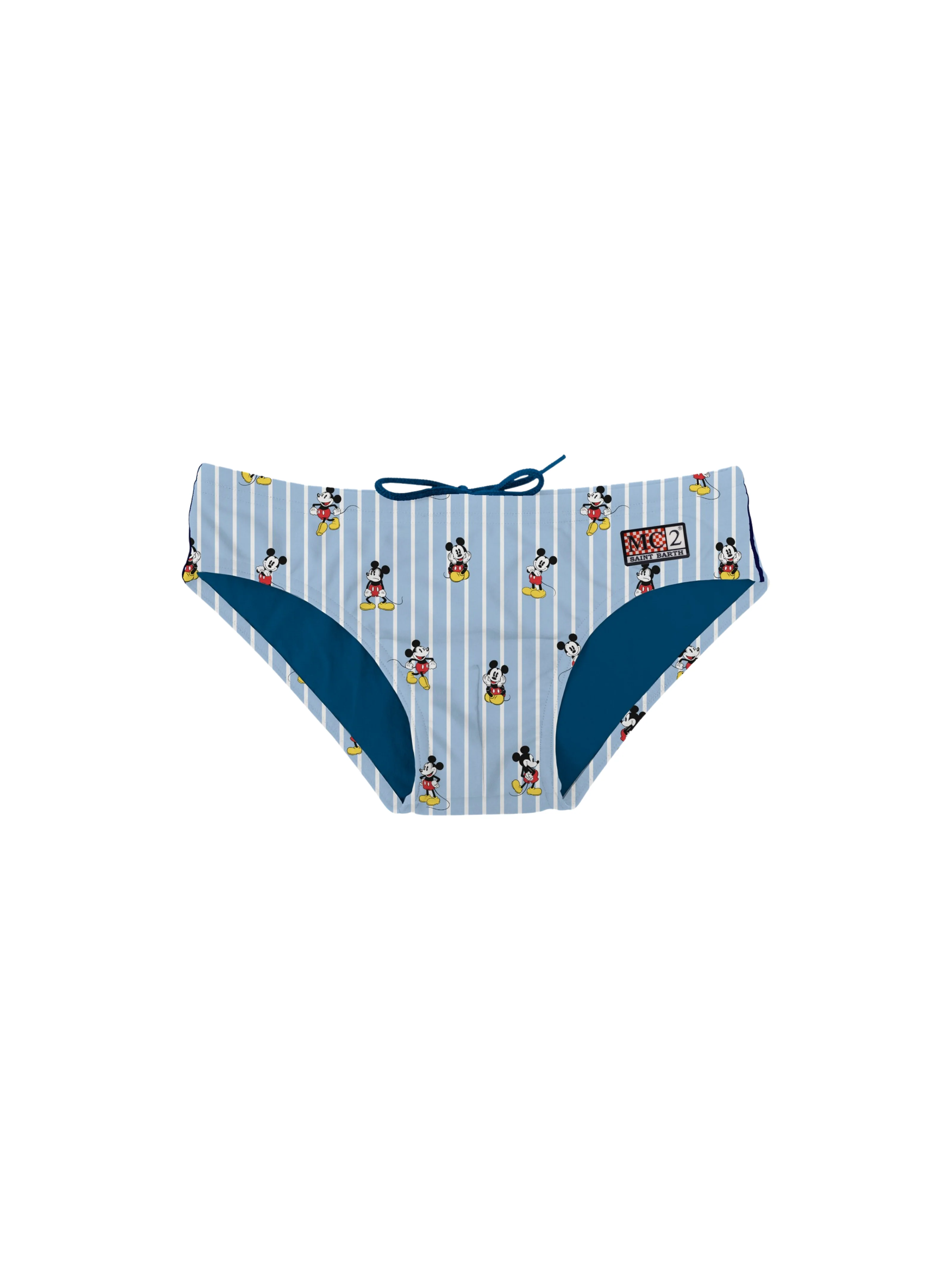 Costume slip Saint Barth a righe azzurre con stampa topolino all over