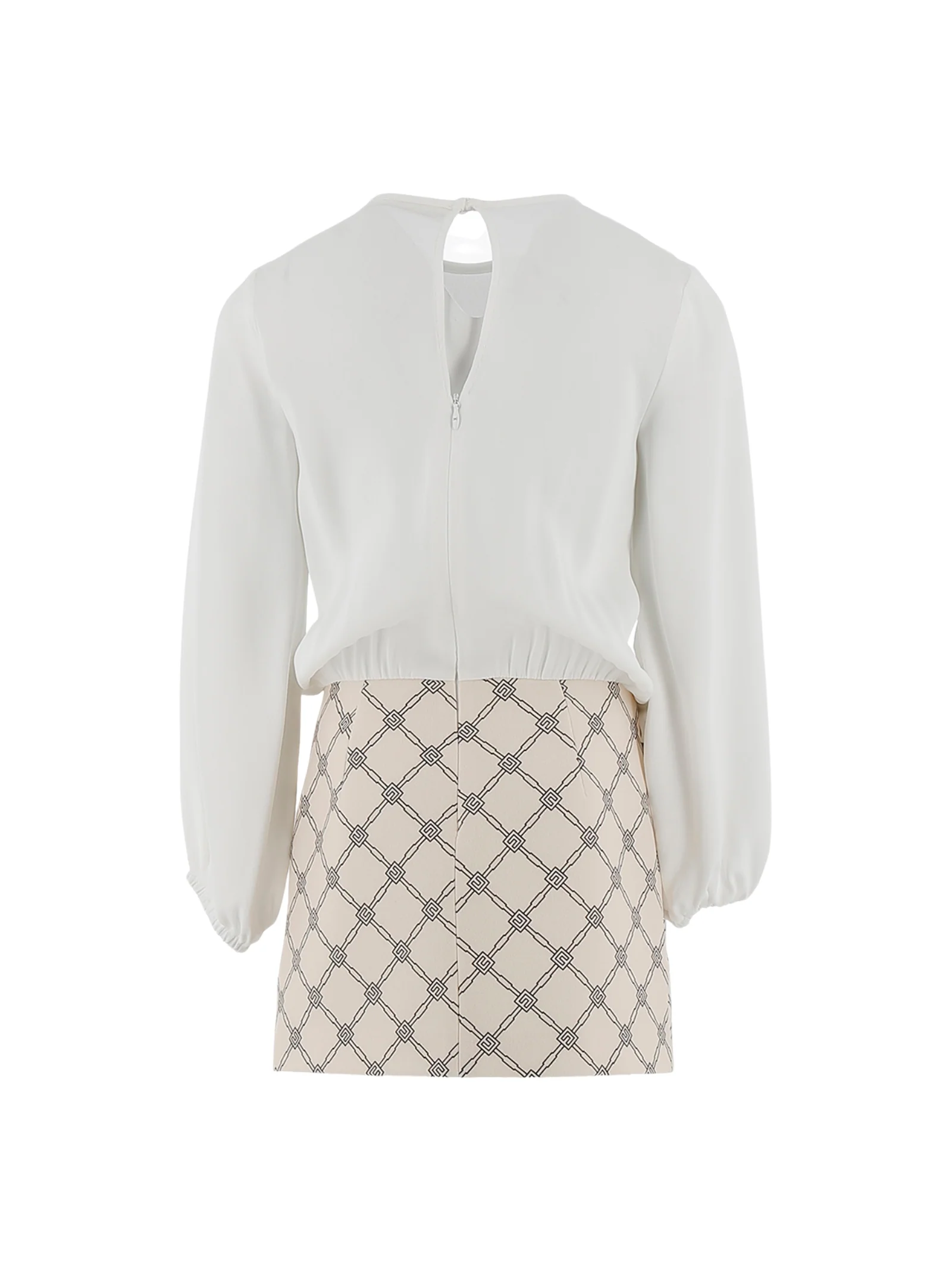 Abito Elisabetta Franchi bianco con gonna beige a fantasia geometrica - Image 2