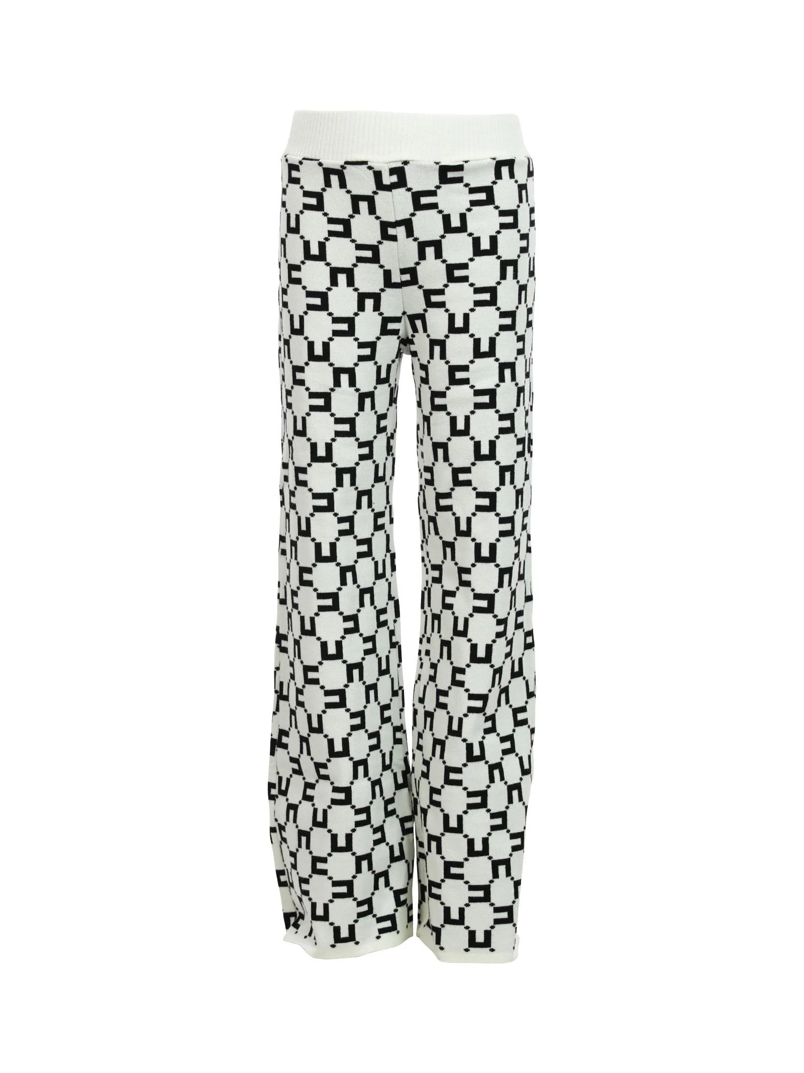 Pantaloni palazzo panna in maglia e logo nero all over