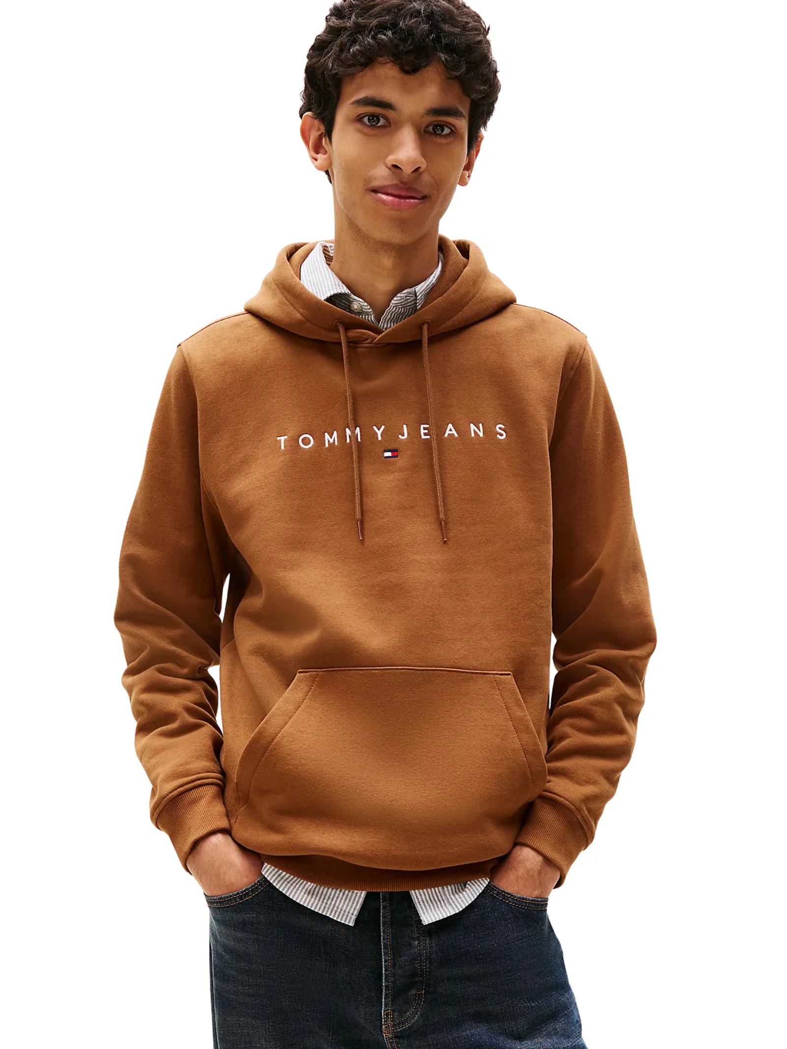 Felpa con cappuccio  Tommy Hilfiger marrone logo lineare ricamato - Image 2