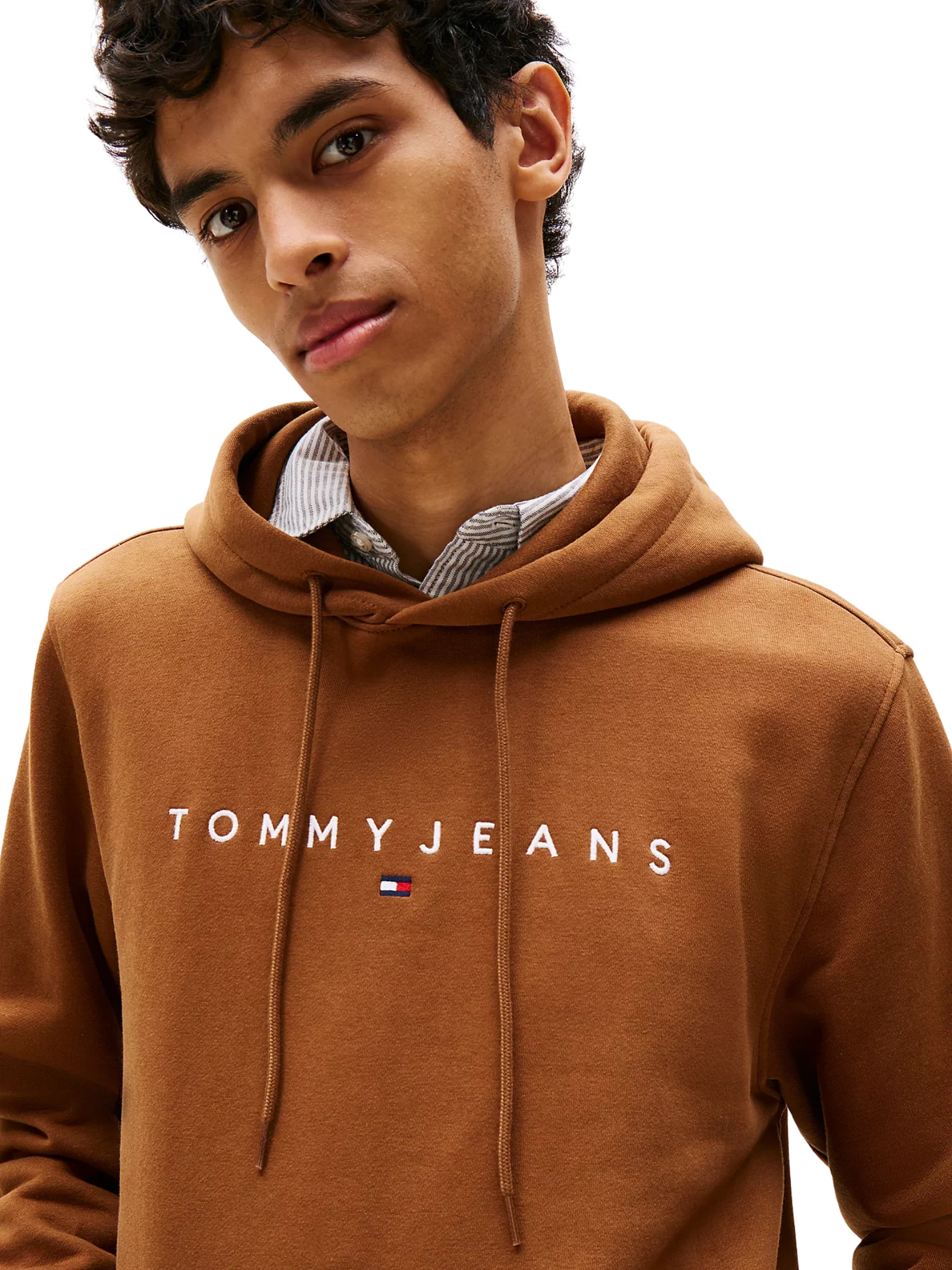 Felpa con cappuccio  Tommy Hilfiger marrone logo lineare ricamato - Image 3