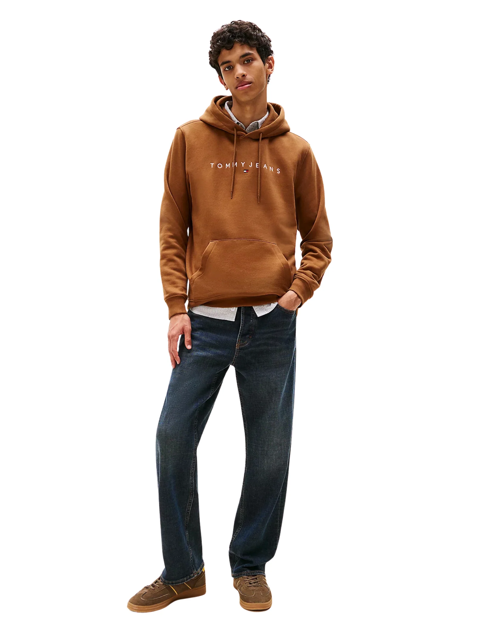 Felpa con cappuccio  Tommy Hilfiger marrone logo lineare ricamato - Image 4