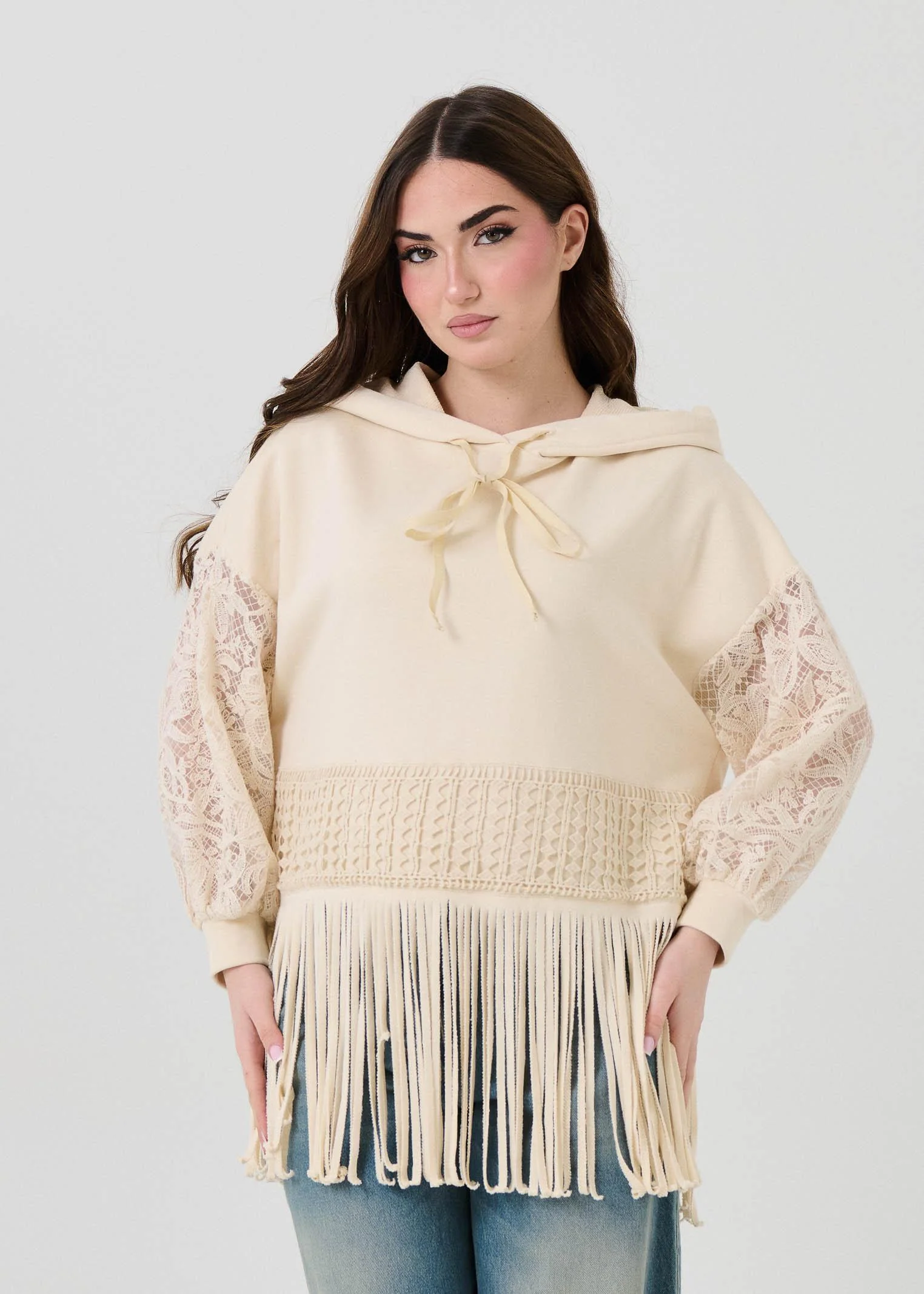Felpa con frange Haveone burro con inserti in pizzo