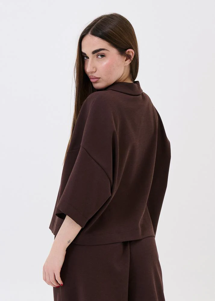 Felpa con zip Vicolo marrone a mezze maniche oversize - Image 3