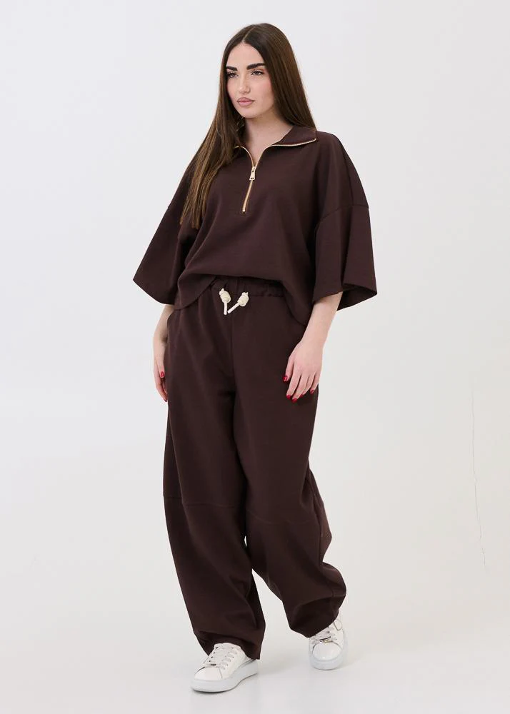 Felpa con zip Vicolo marrone a mezze maniche oversize - Image 4