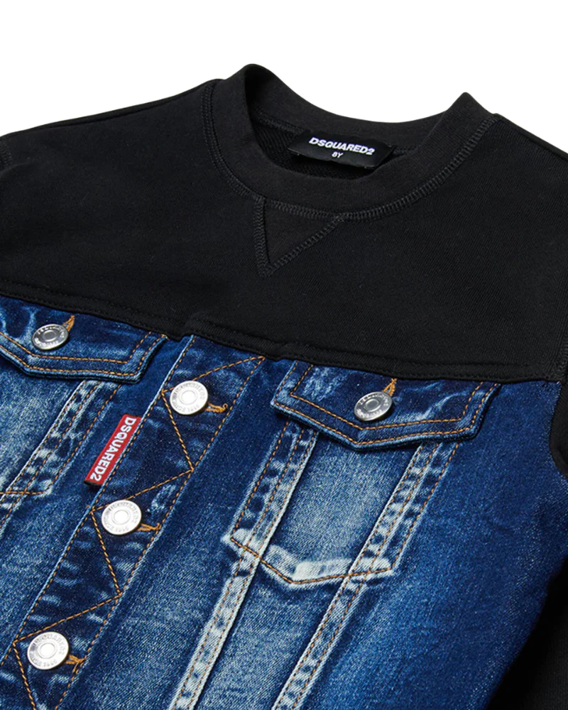 Felpa Dsquared nera con dettaglio in denim - Image 2