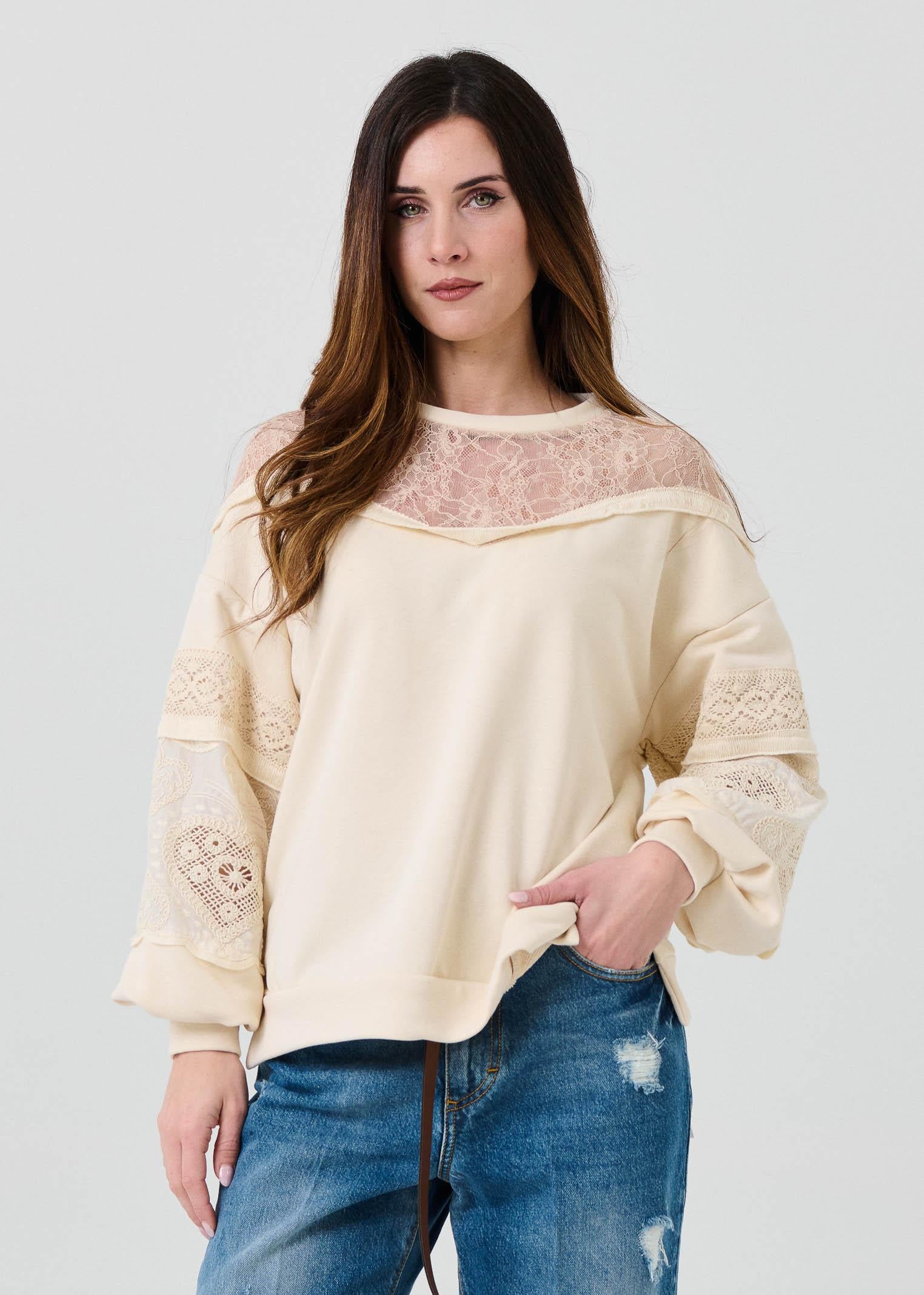 Felpa Haveone beige con inserti in pizzo