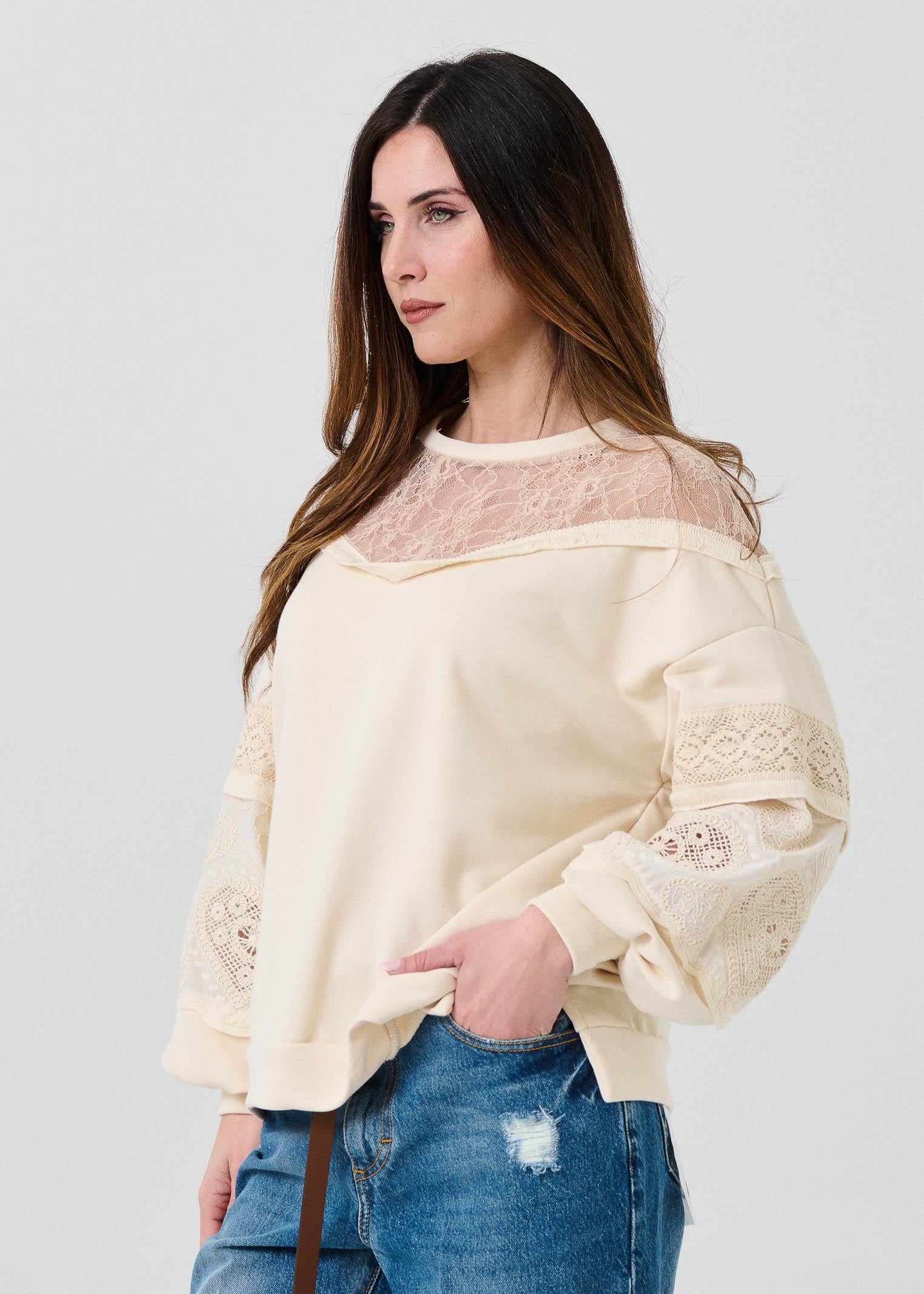 Felpa Haveone beige con inserti in pizzo - Image 2