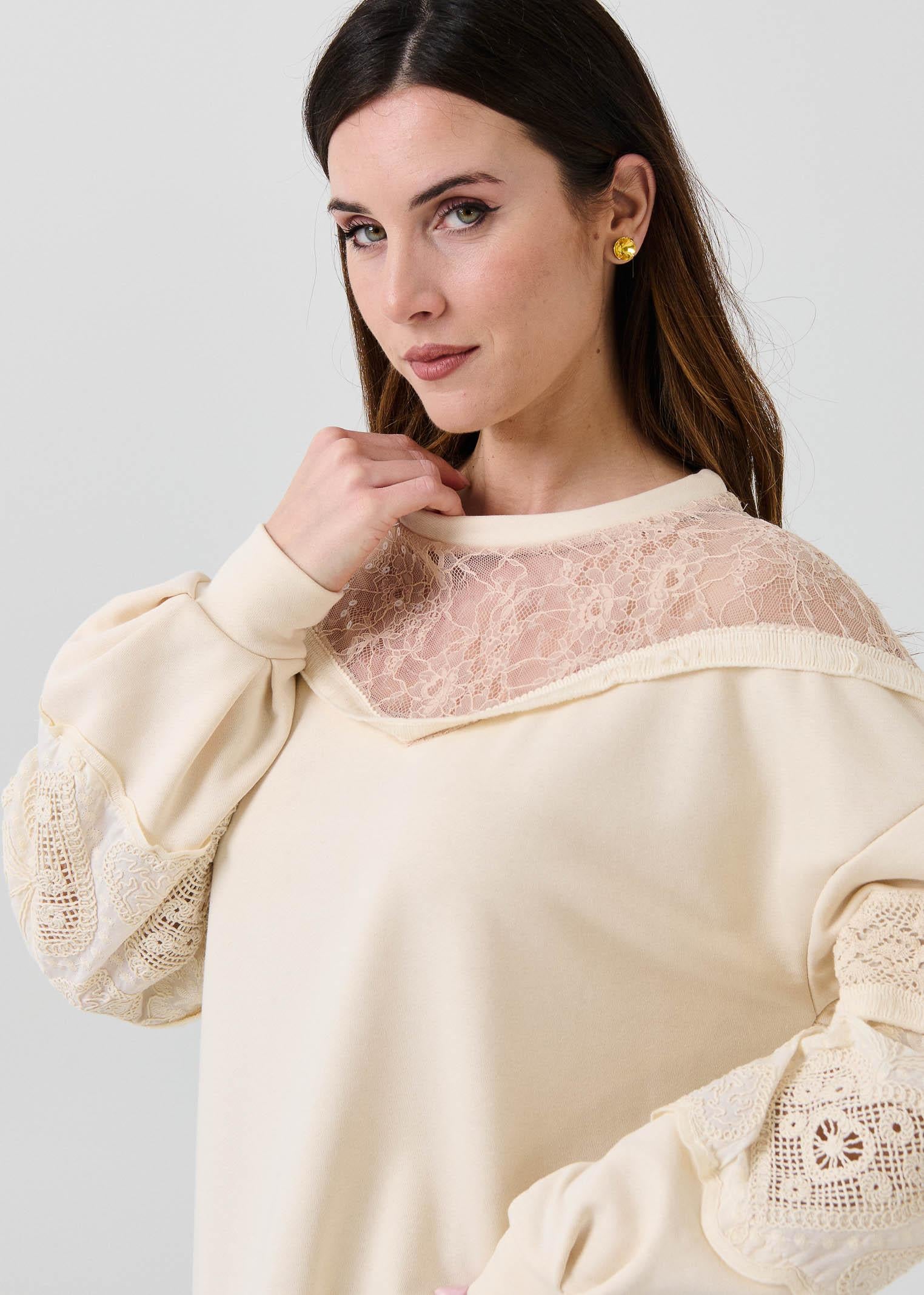 Felpa Haveone beige con inserti in pizzo - Image 3