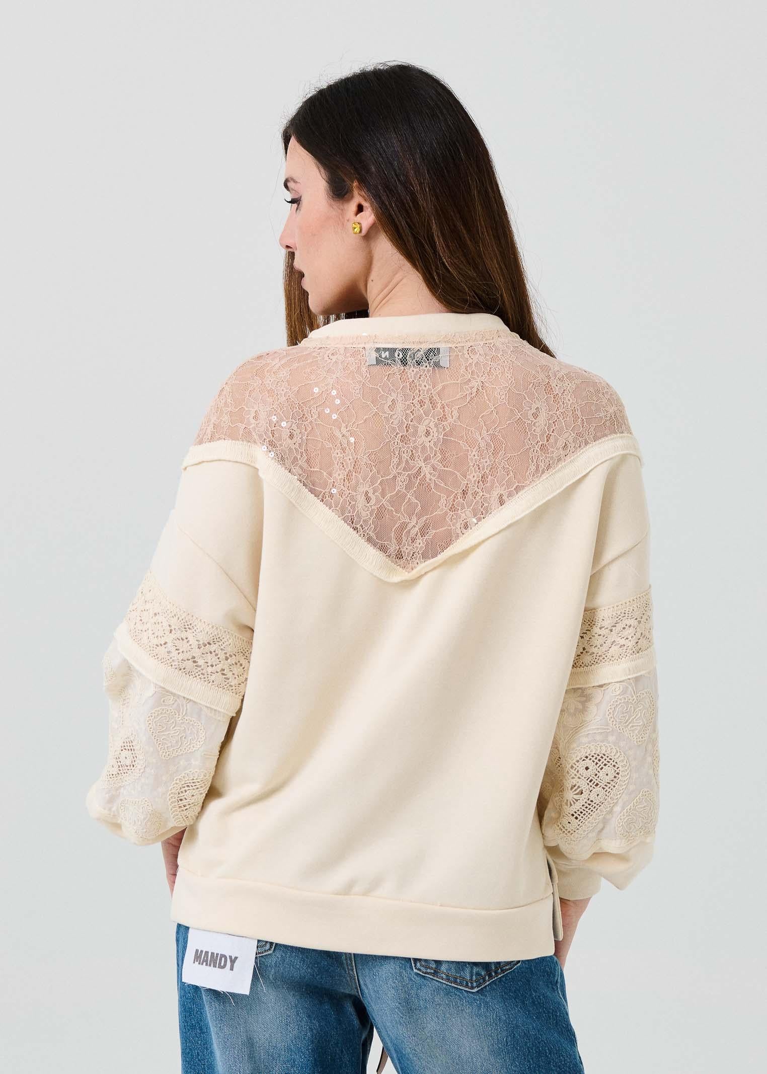 Felpa Haveone beige con inserti in pizzo - Image 4