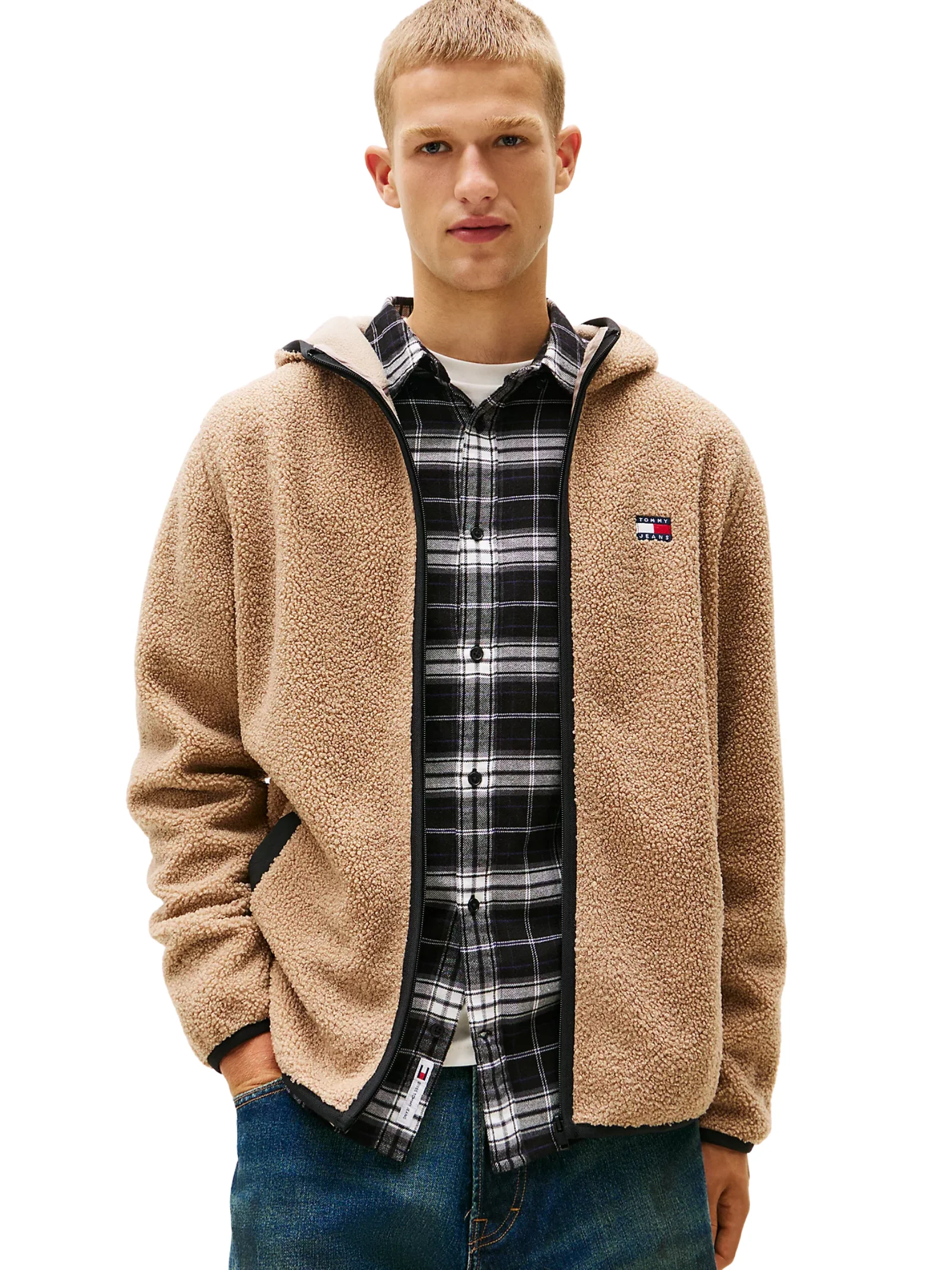 Felpa in sherpa Tommy Hilfiger beige con cappuccio e zip - Image 2